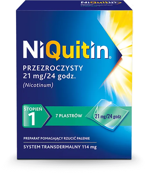 Niquitin przezroczysty, preparat pomagający rzucić palenie. Nicotinum 21 mg / 24 godz. 