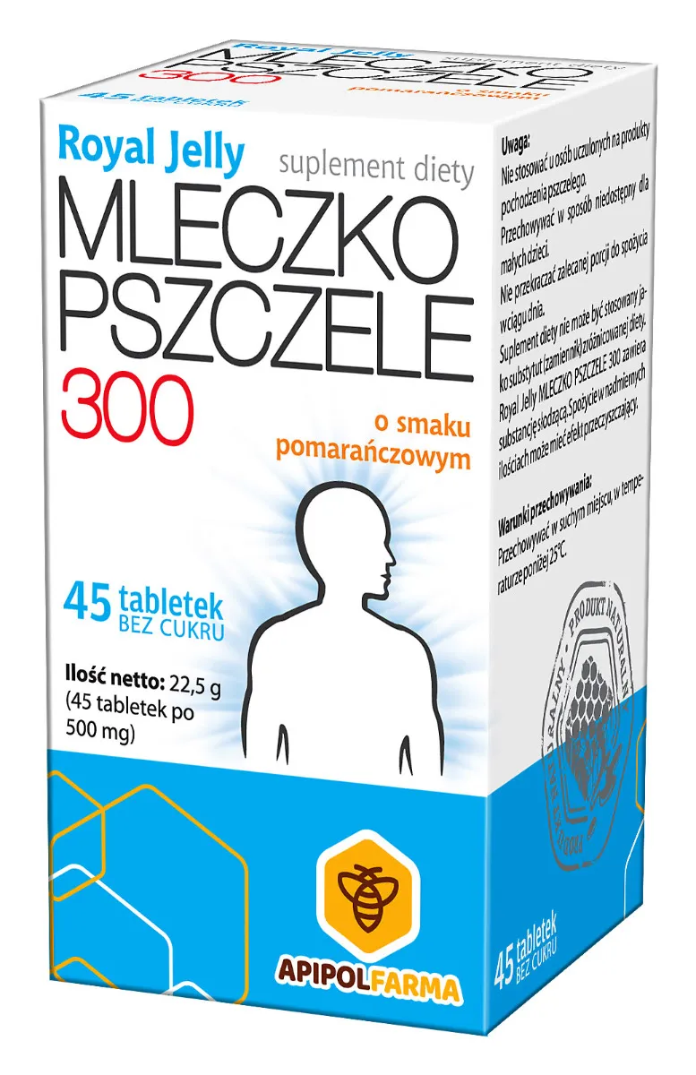 Royal Jelly Mleczko Pszczele 300, suplement diety, smak pomarańczowy, 45 tabletek