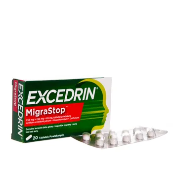 Excedrin MigraStop, lek stosowany przy doraźnych bólach głowy i napadach migreny, 20 tabletek 