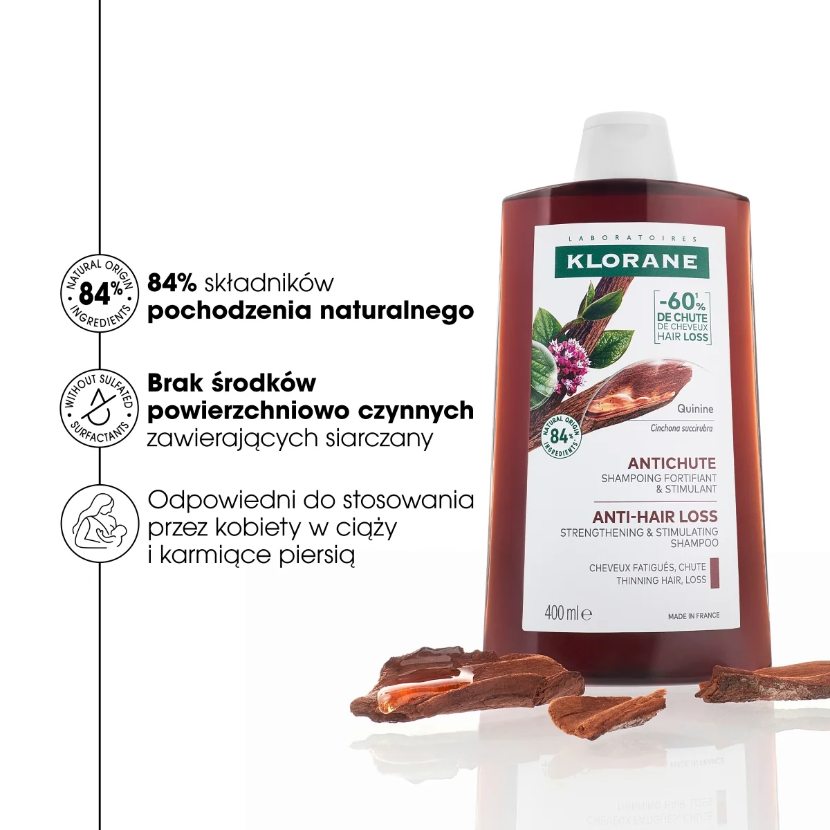Klorane szampon wzmcniający i stymulujący z chininą, 400 ml