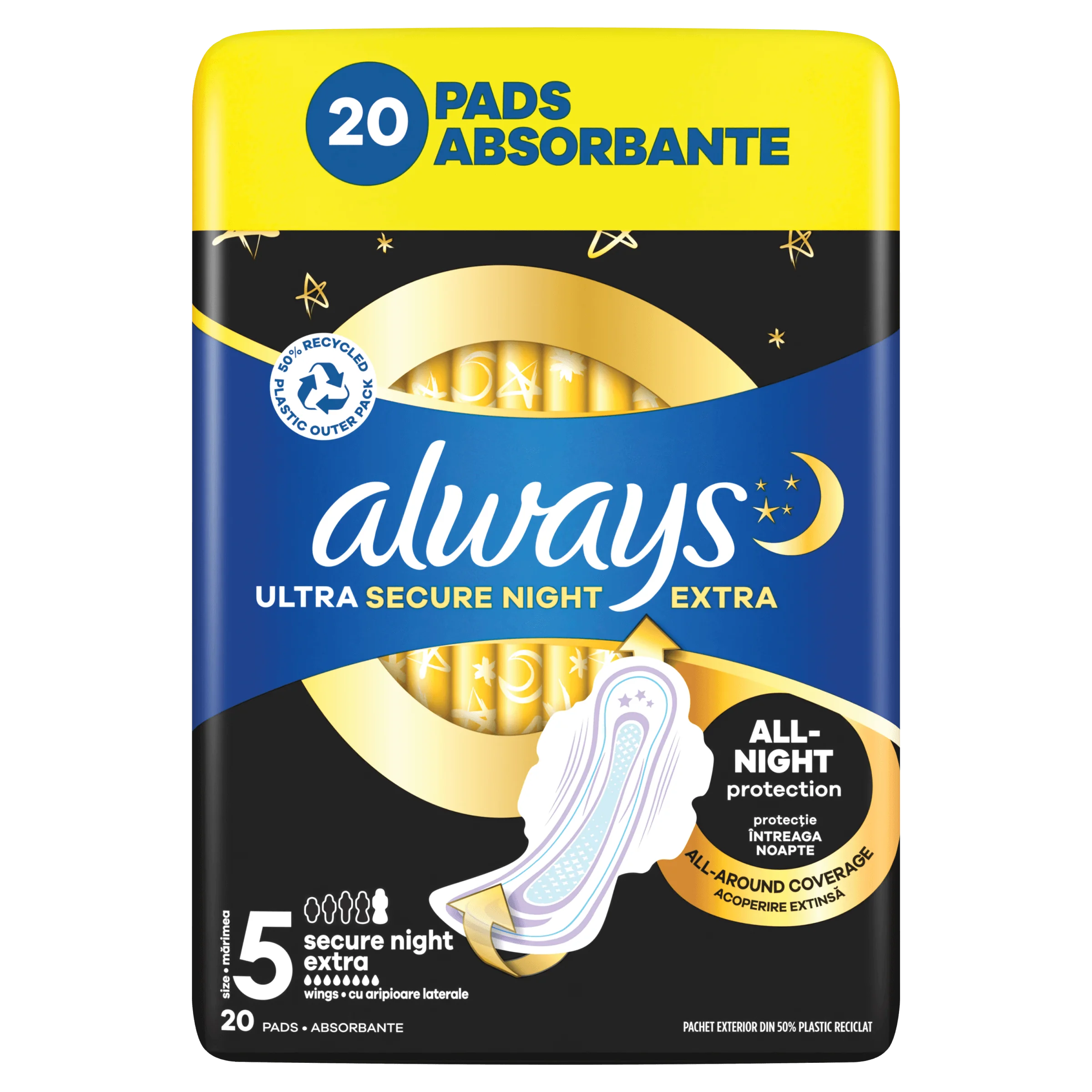 Always Ultra Secure Night Extra podpaski ze skrzydełkami, 20 sztuk
