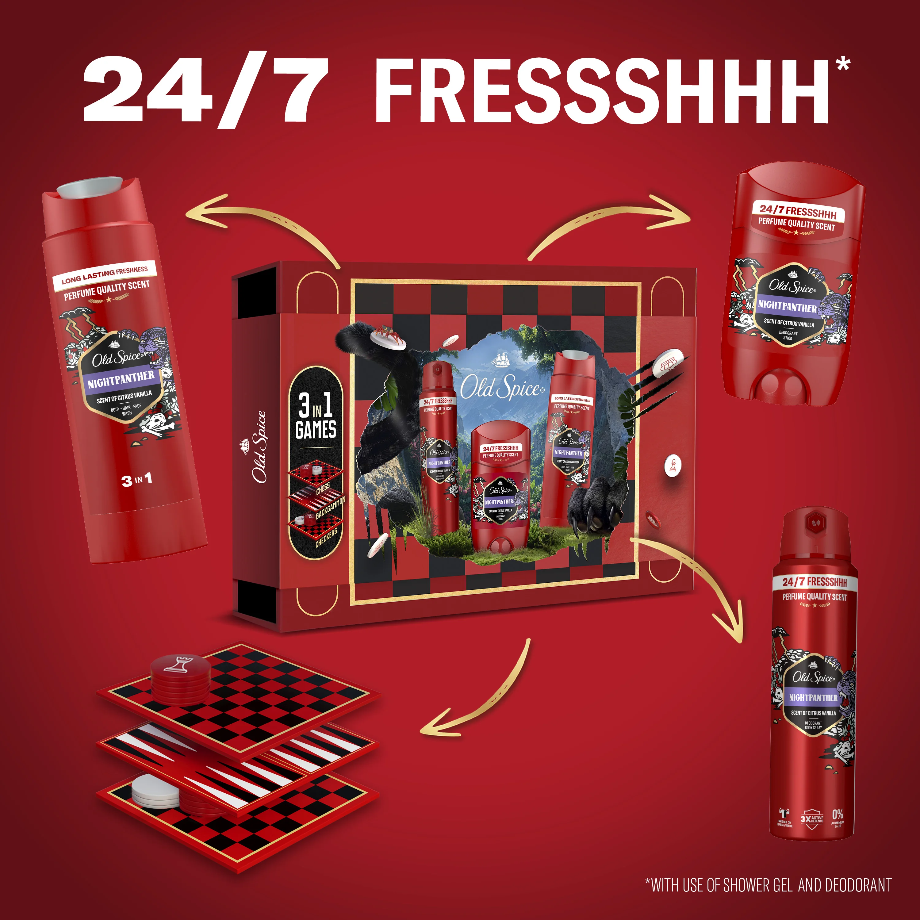 Old Spice Night Panther Gamebox Zestaw dezodorant w sztyfcie, 50 ml + dezodorant w sprayu, 150 ml + żel pod prysznic, 250 ml