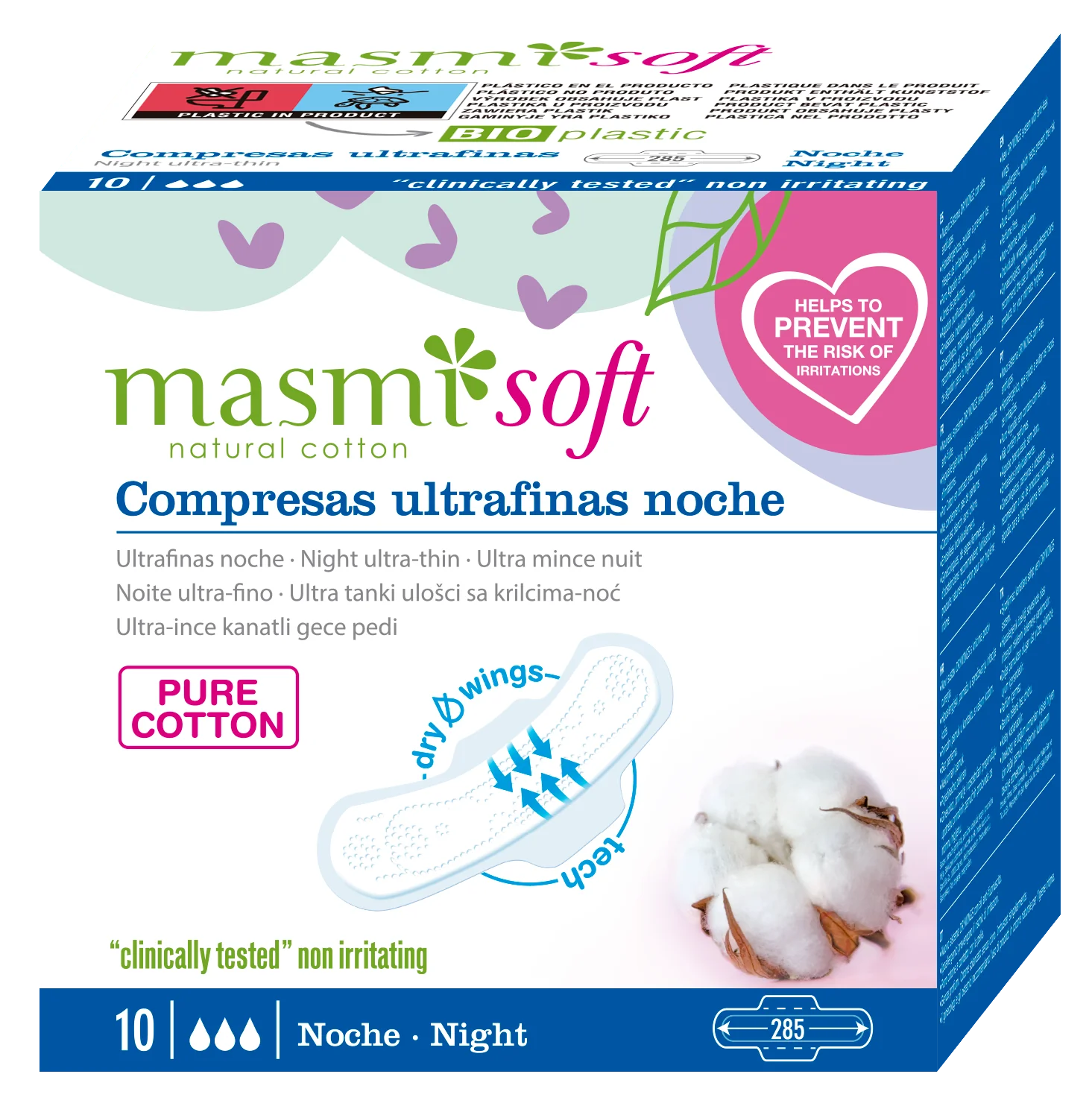 Masmi Natural Cotton Soft ultracienkie bawełniane podpaski ze skrzydełkami na noc, 10 szt.