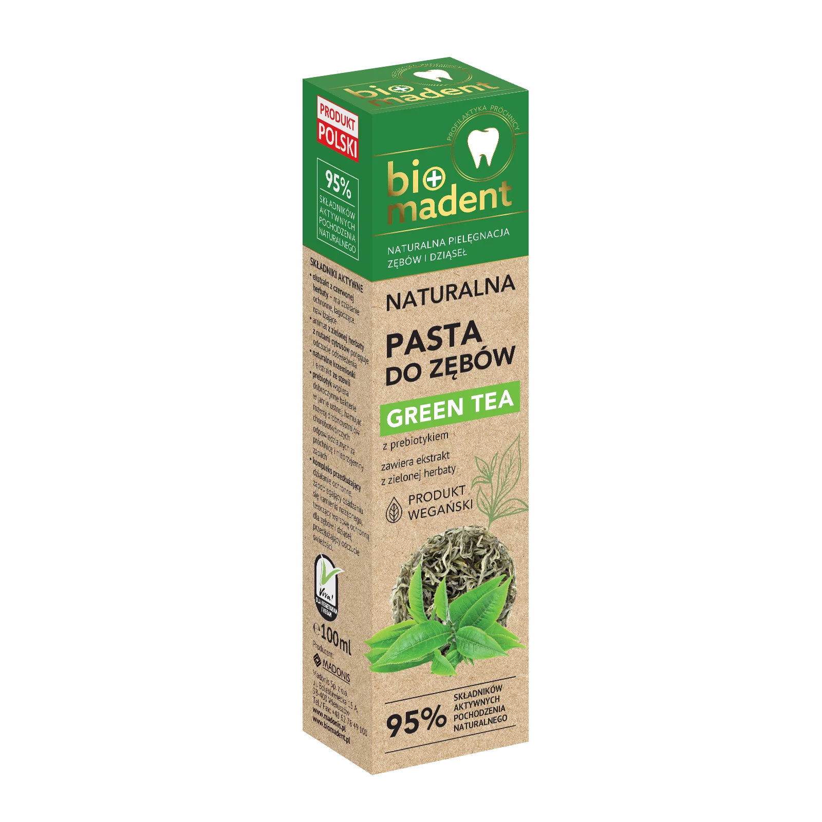 Bio Madent naturalna pasta do zębów Green Tea z prebiotykiem i ekstraktem z zielonej herbaty, 100 ml