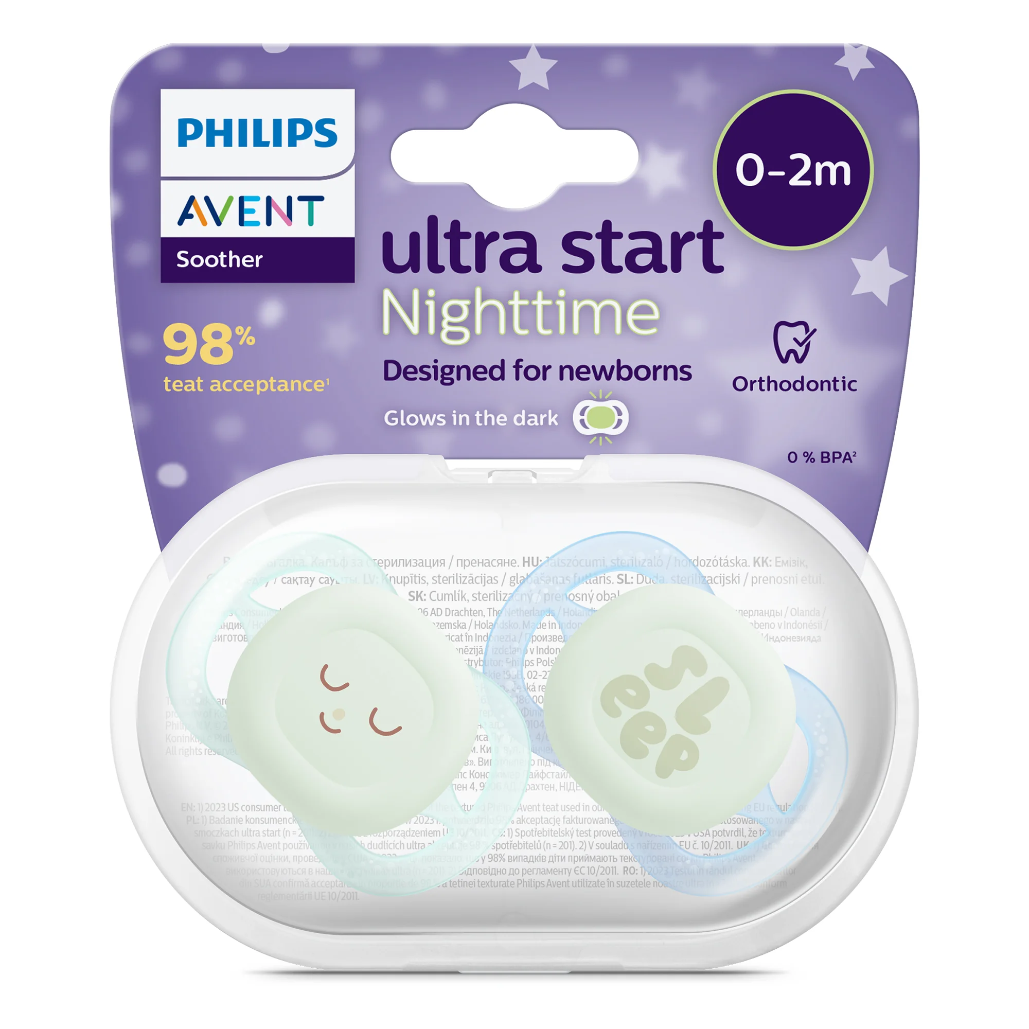 Philips Avent Ultra Start Nighttime świecący w ciemności ortodontyczny smoczek uspokajający 0-2 m, 2 sztuki