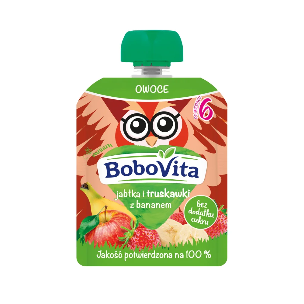 BoboVita, jabłka i truskawki z bananem po 6 miesiącu, 80 g mus jabłka i truskawki z bananem, 80 g