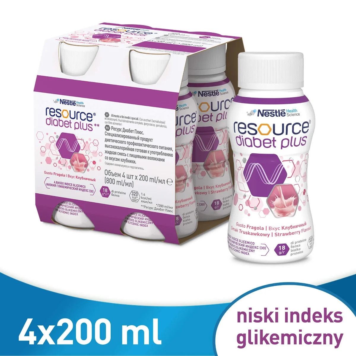Resource Diabet Plus preparat odżywczy w płynie o smaku truskawkowym, 4 x 200 ml