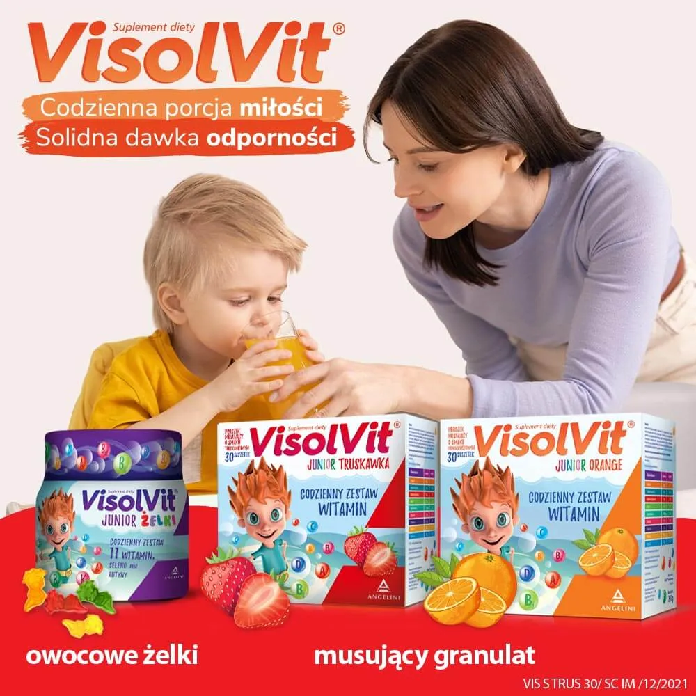 Visolvit Junior, suplement diety, smak truskawkowy, saszetki z proszkiem musującym, 30 sztuk 
