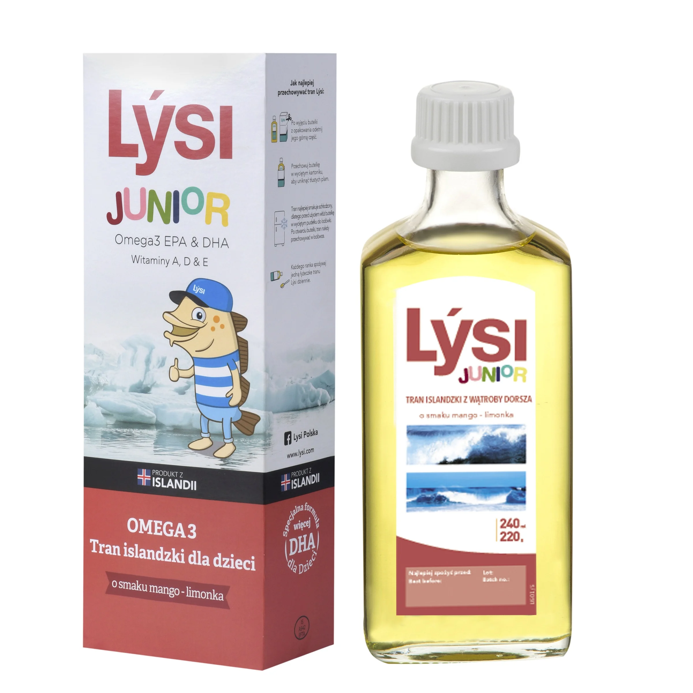 Lysi tran islandzki dla dzieci o smaku mango-limonka, 240 ml