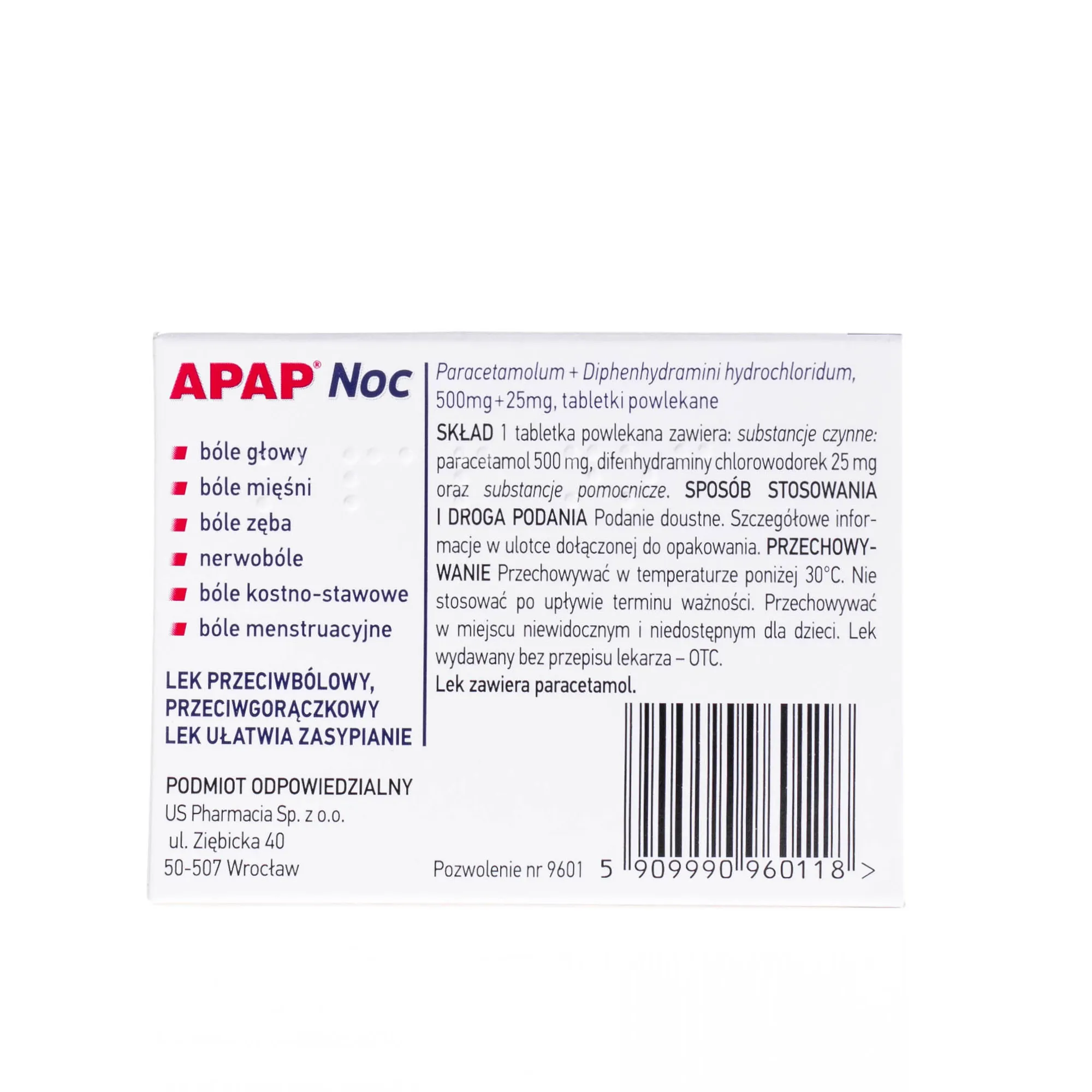 APAP Noc, Paracetamolum + Diphenhydramini hydrochloridum, 500 mg + 25 mg, 6 tabletek powlekanych 