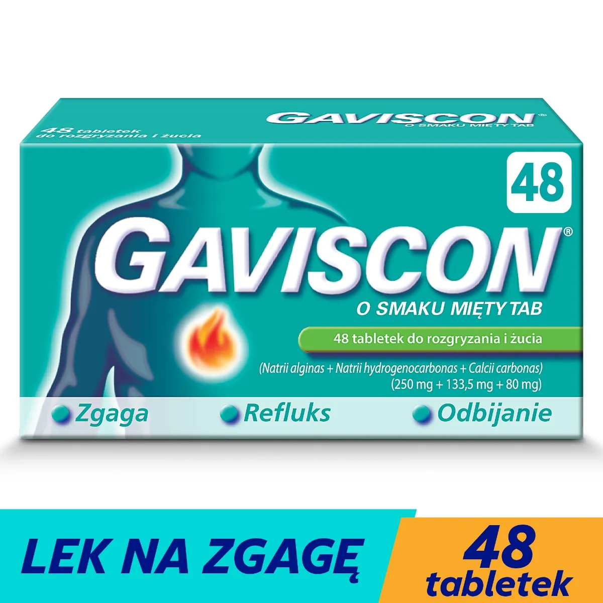 Gaviscon, smak miętowy, 48 tabletek do rozgryzania i żucia 