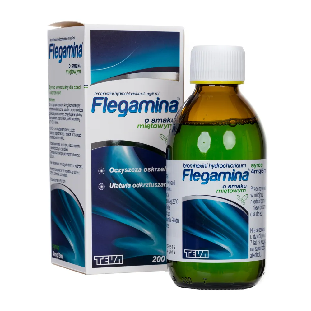 Flegamina o smaku miętowym, bromhexini hydrochloridum 4mg/5ml syrop, 200 ml