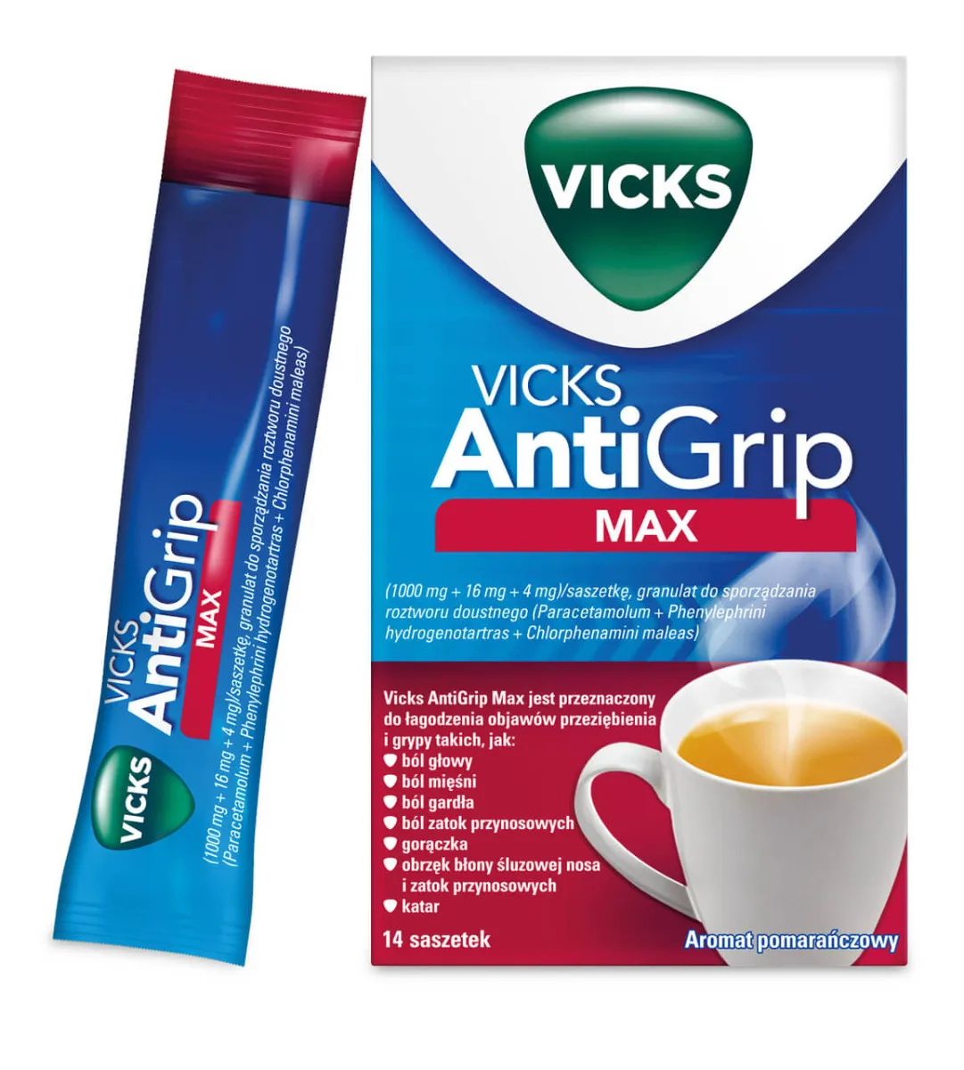 Vicks AntiGrip Max, 1000 mg + 16 mg + 4 mg, 14 saszetek