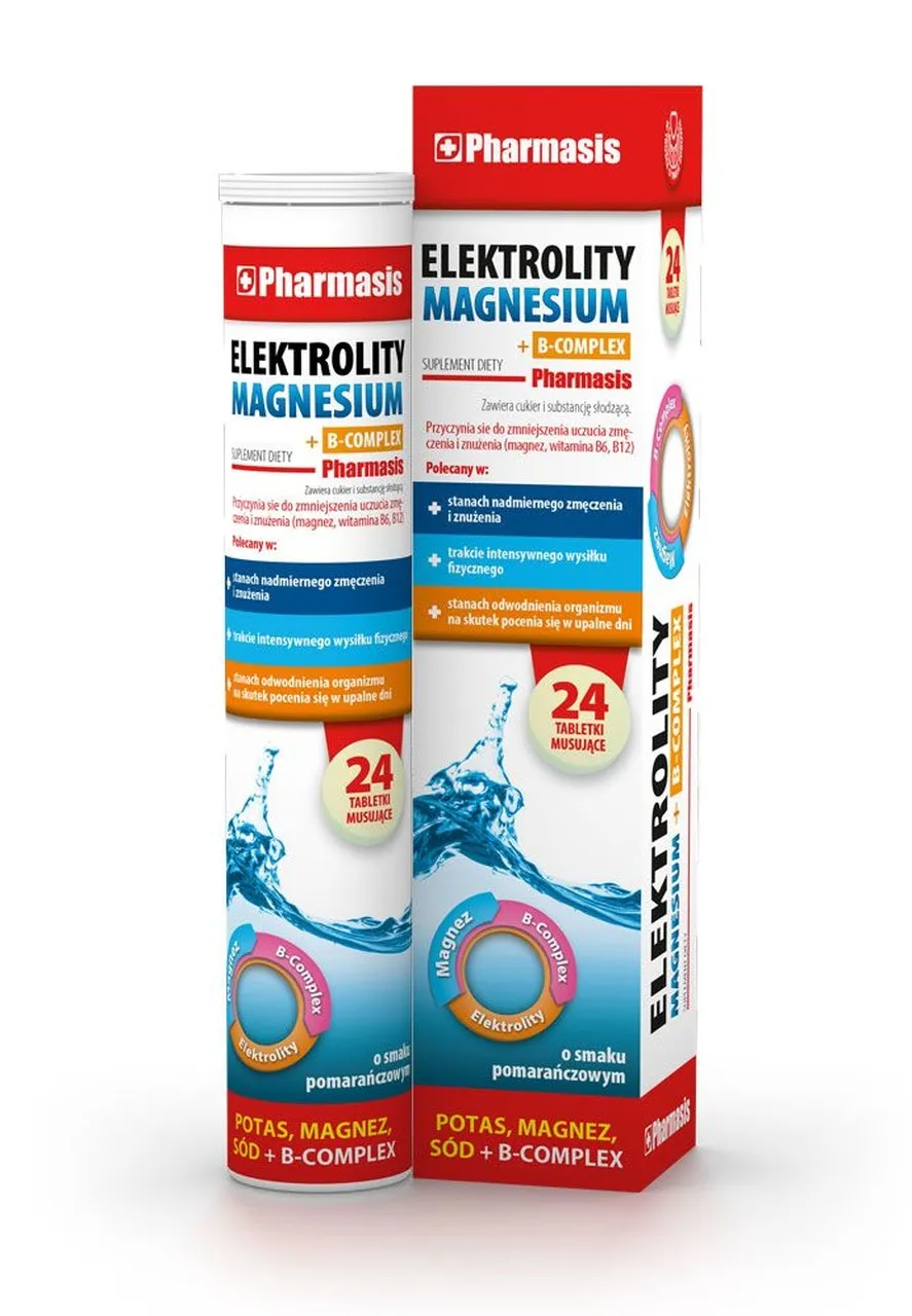 Pharmasis Elektrolity Magnesium + B-Complex, suplement diety, smak pomarańczowy, 24 tabletki musujące