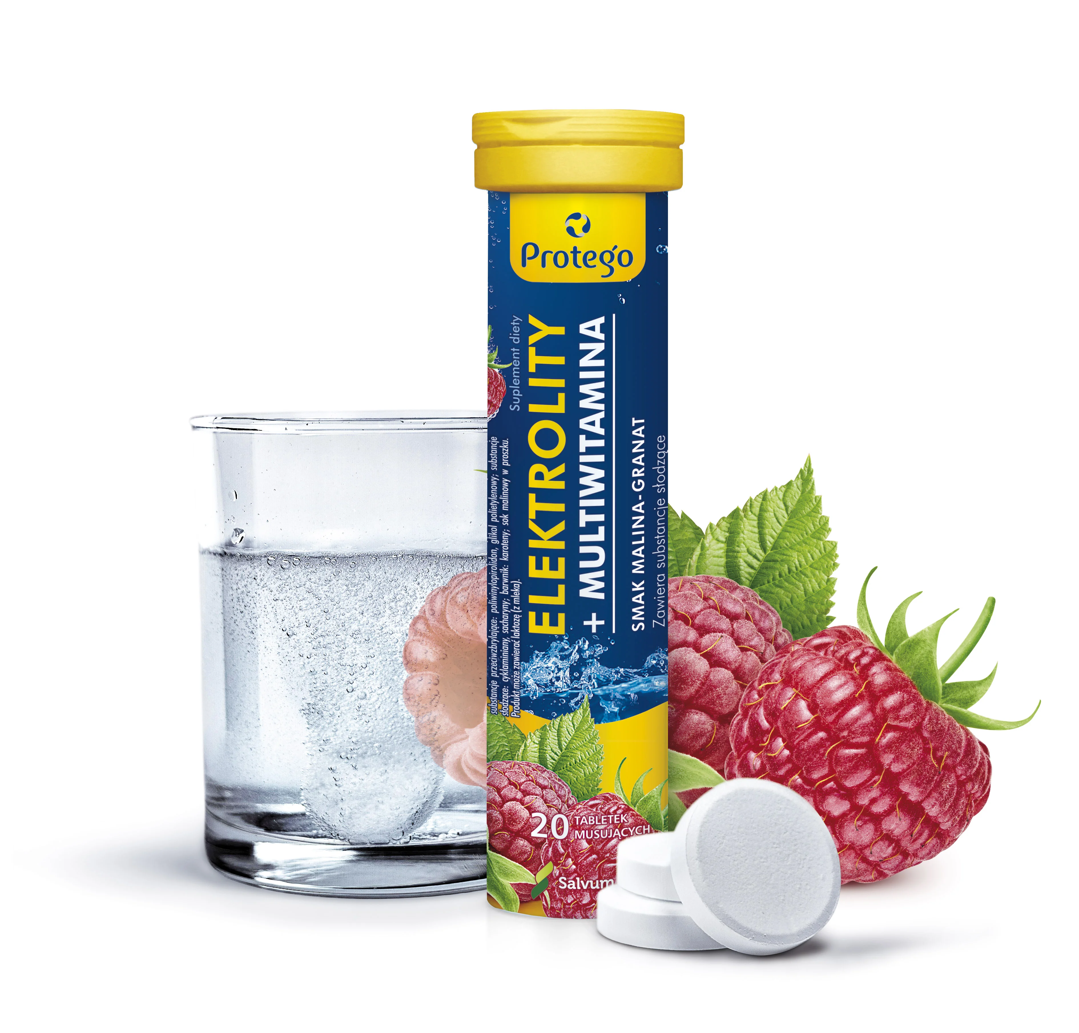 Protego Elektrolity + multiwitamina smak malina-granat, 20 tabletek musujących