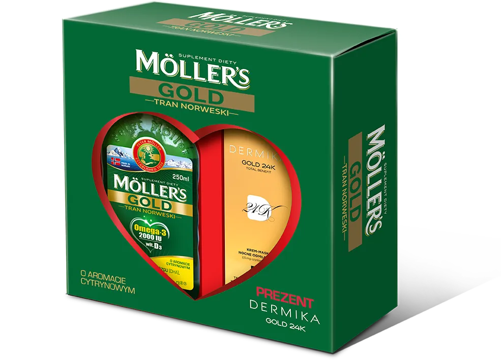 Moller's Gold Tran Norweski, suplement diety, smak cytrynowy, 250 ml + Dermika Gold, krem-maska nocne odmładzanie, 50 ml