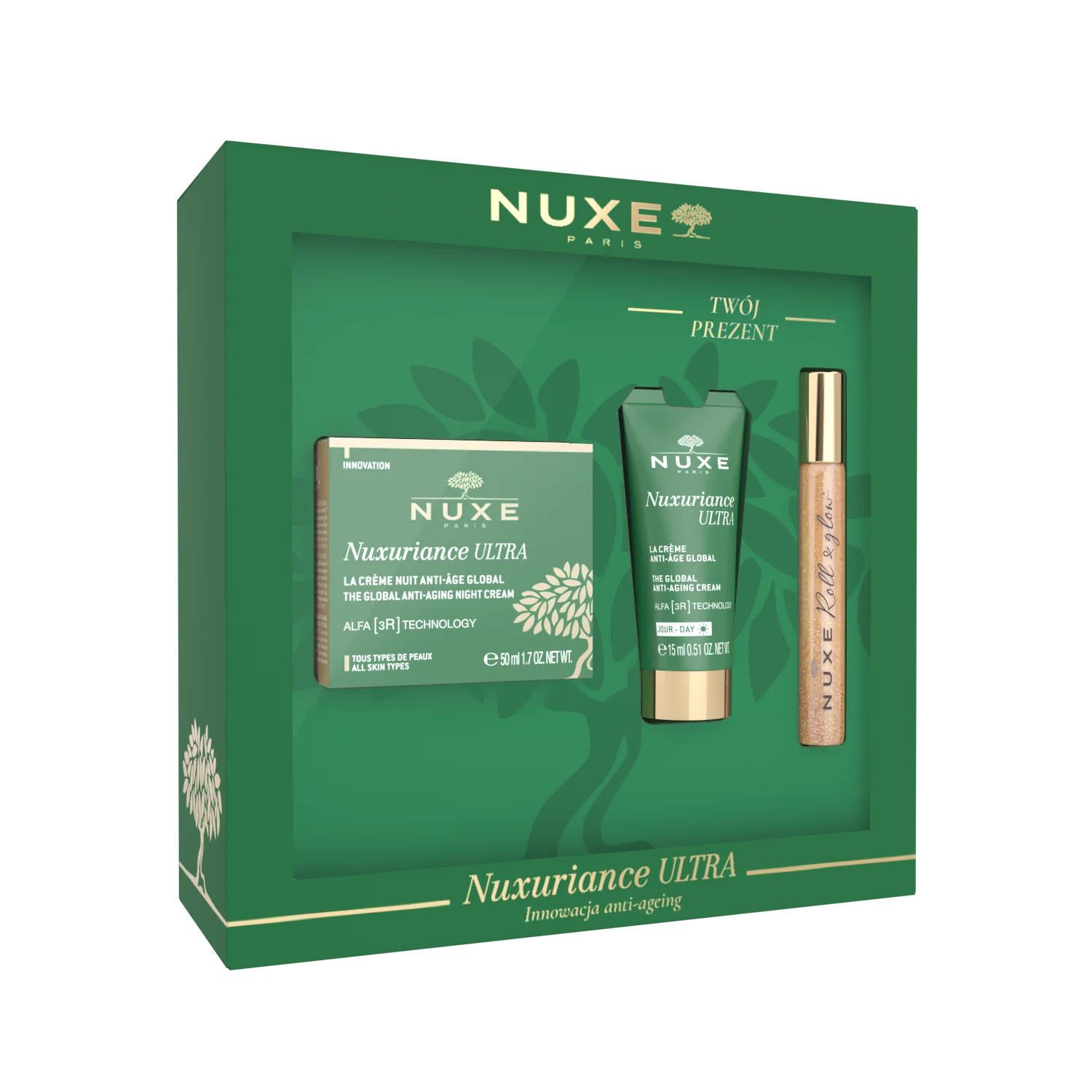 Nuxe Nuxuriance Ultra krem na noc, 50 ml + krem  na dzień, 15 ml + Roll On Huile Prodigieuse Or, 8 ml