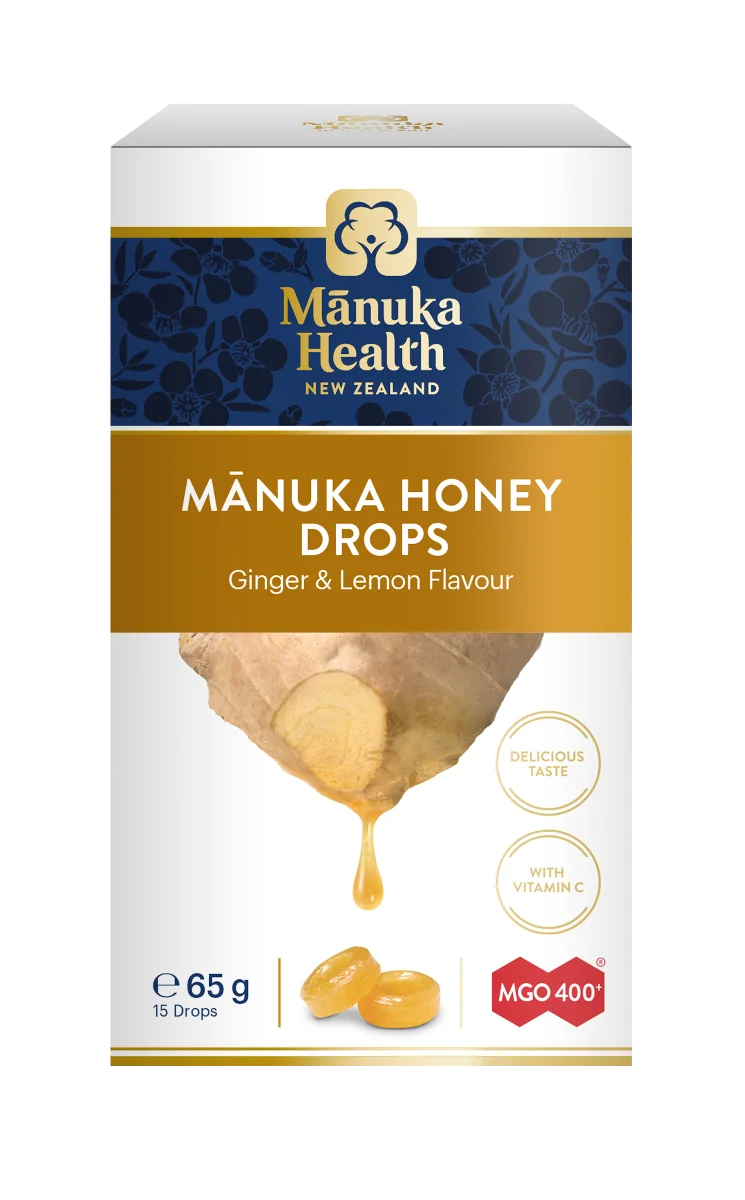 Manuka Health cukierki z miodem manuka MGO™ 400+ i witaminą C o smaku imbirowo-cytrynowym, 65 g