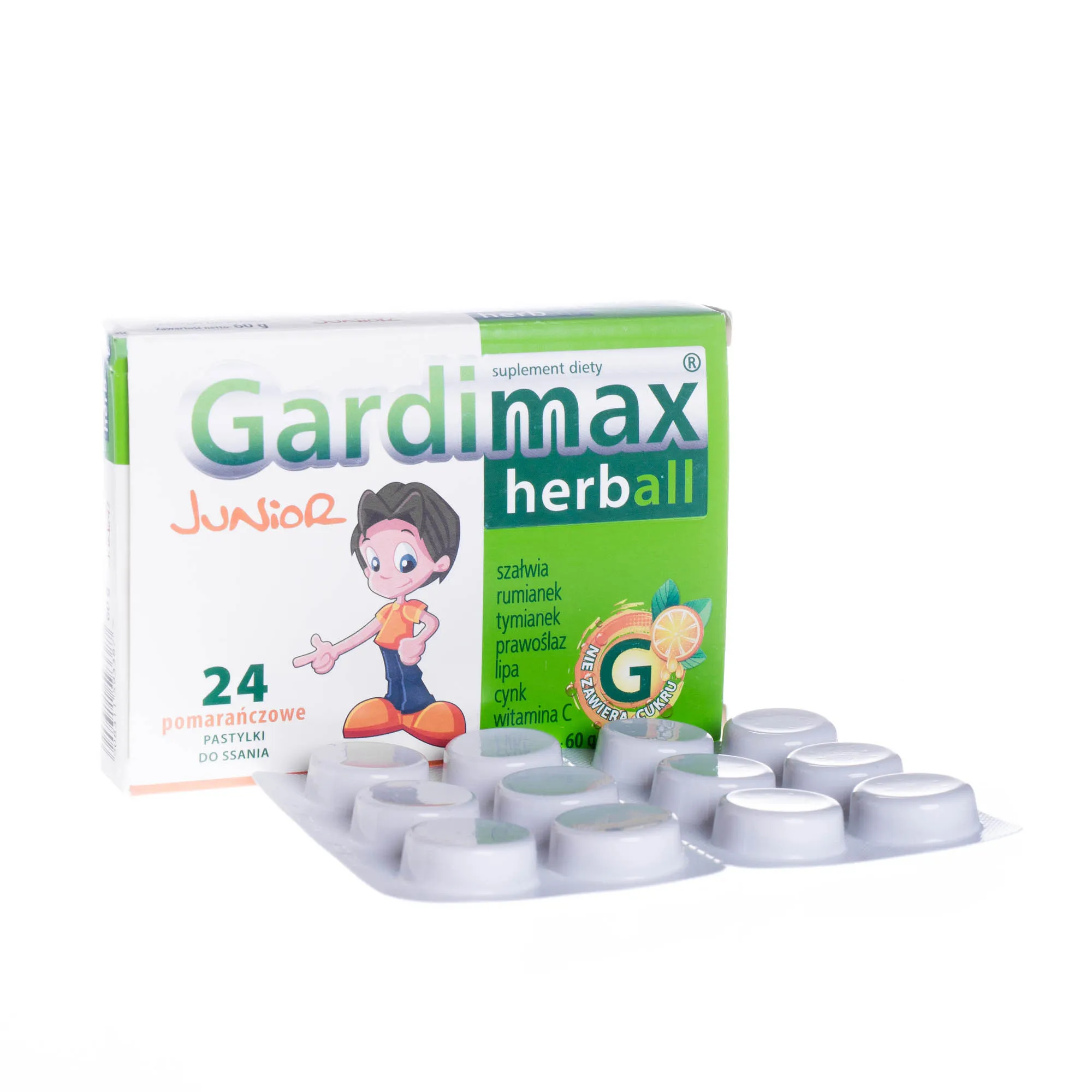Gardimax herball junior herball, suplement diety, 24 pomarańczowe pastylki do ssania