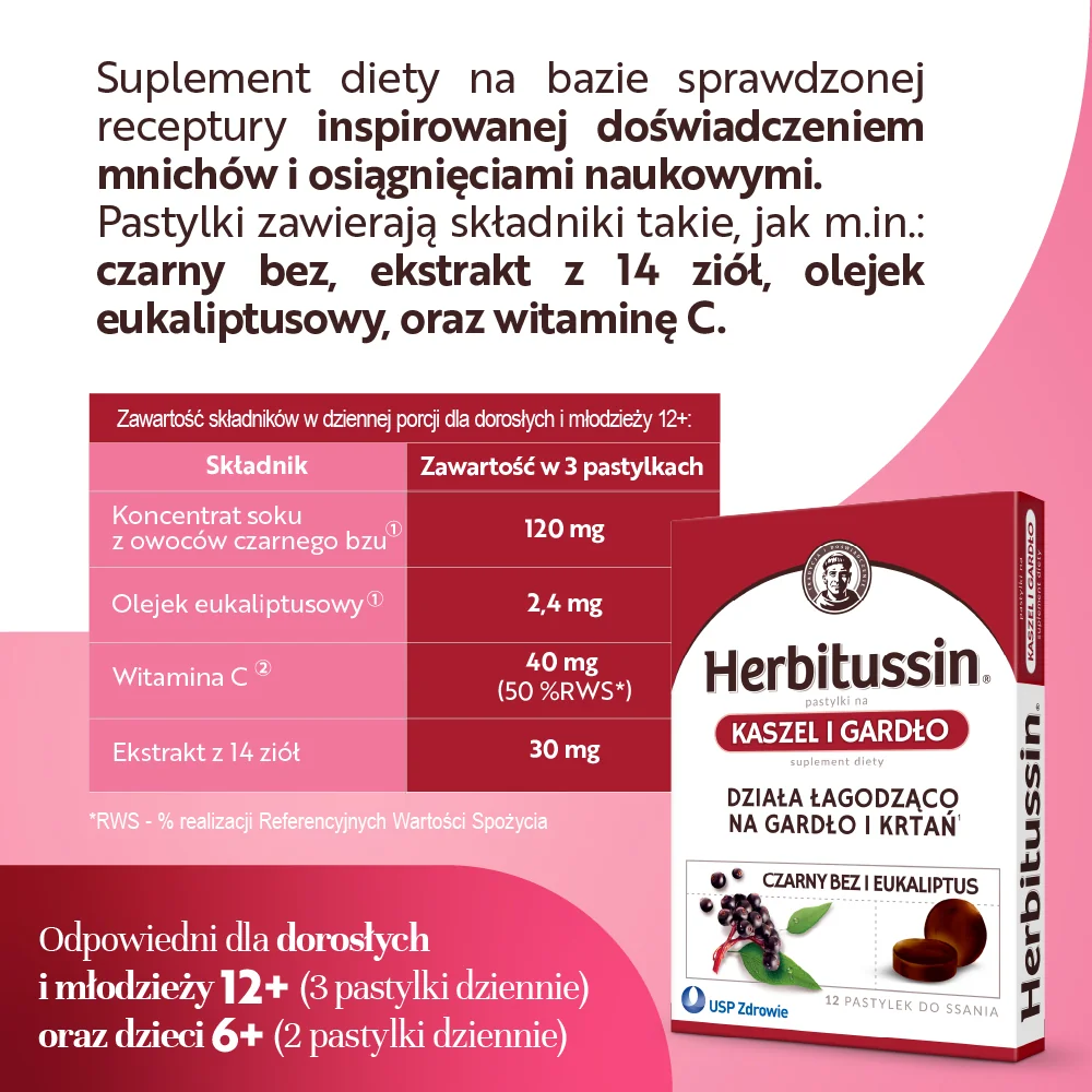 Herbitussin pastylki na kaszel i gardło, suplement diety, 12 pastylek