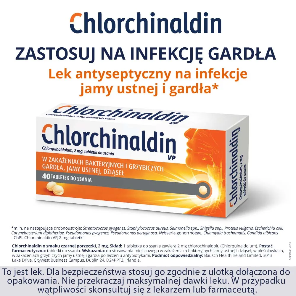 Chlorchinaldin o smaku czarnej porzeczki, 2 mg, 40 tabletek do ssania 