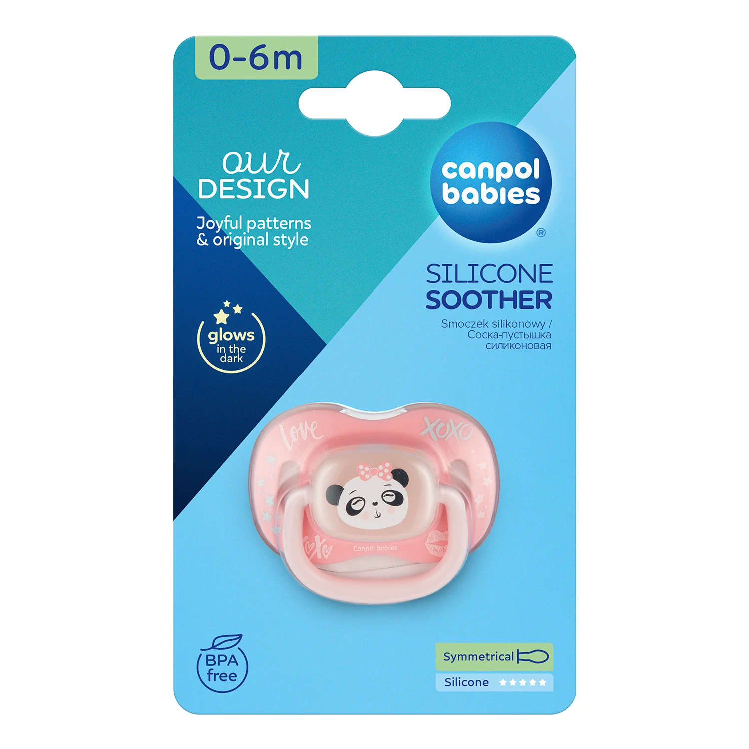 Canpol Babies ourDESIGN Smoczek silikonowy 0-6m symetryczny PANDA, 1 sztuka