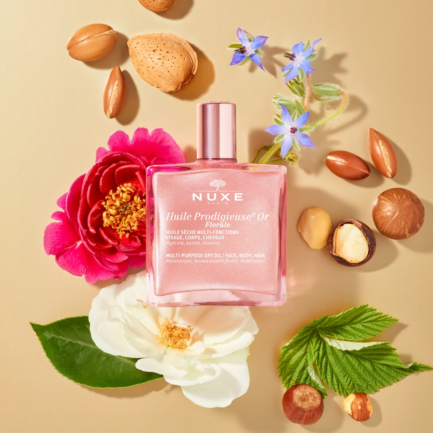Nuxe Zestaw READY, GO, GLOW Very Rose powiększające serum do ust, 8 ml + suchy olejek kwiatowy, 10 ml + gumka do włosów
