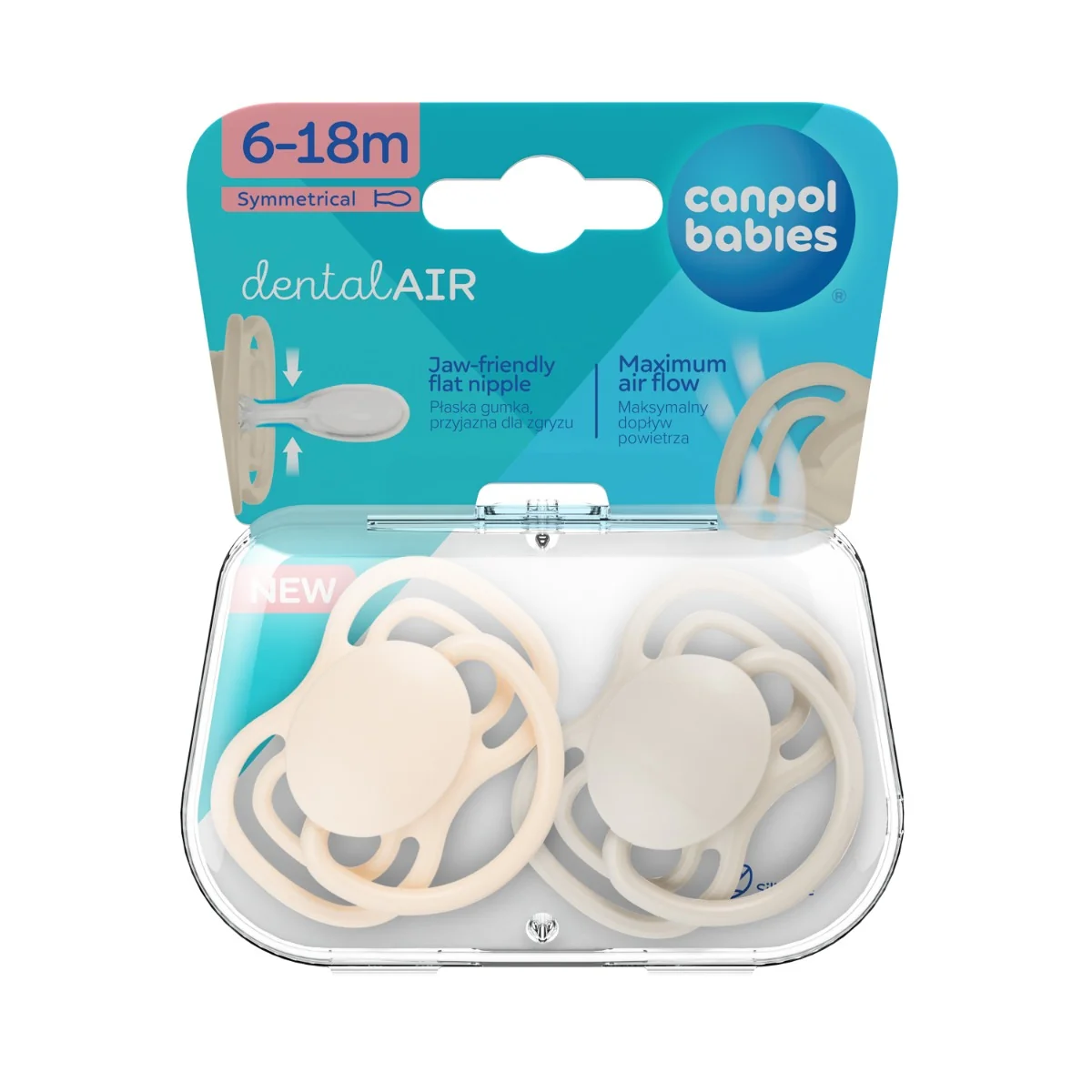 Canpol Babies dentalAIR Smoczek silikonowy 6-18m symetryczny kremowy, 2 sztuki