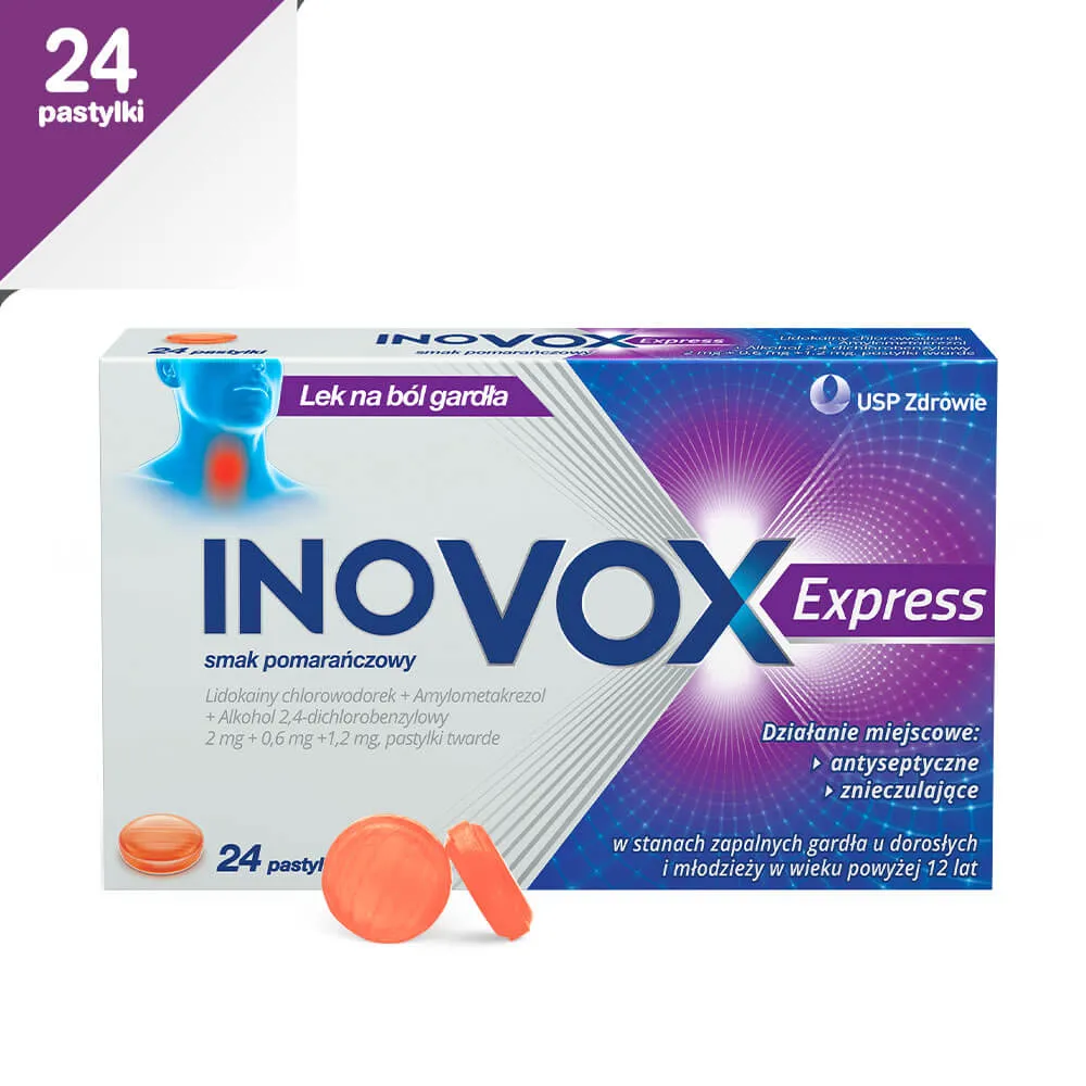 Inovox Express 2 mg + 0,6 mg + 1,2 mg - 24 pastylki o smaku pomarańczowym