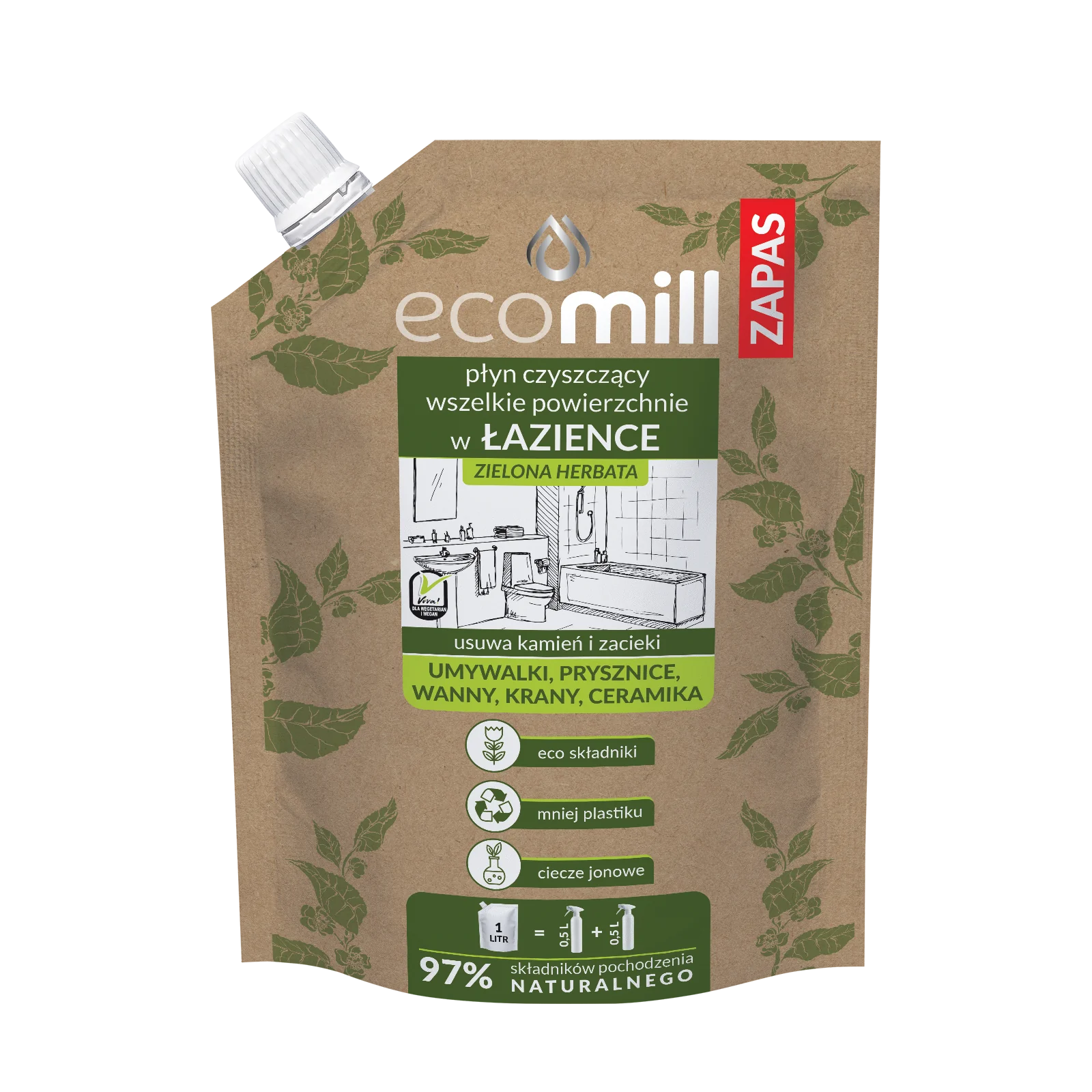 EKOMILL płyn czyszczący do łazienki zapas, zielona herbata, 1 l