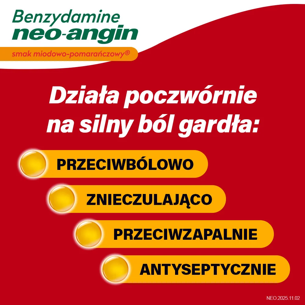 Benzydamine Neo-Angin 3 mg smak miodowo-pomarańczowy, 20 pastylek twardych