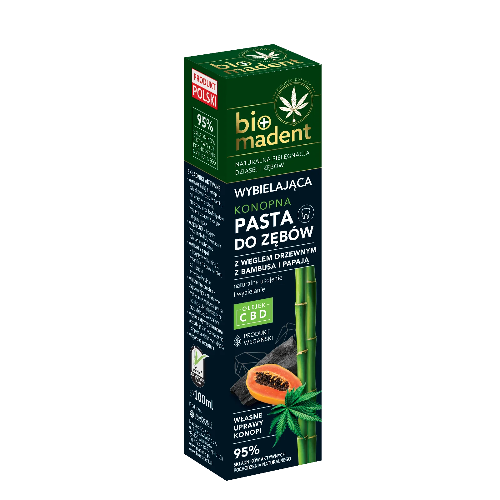 BIO MADENT wybielająca konopna pasta do zębów z węglem drzewnym z bambusa i papają, 100 ml