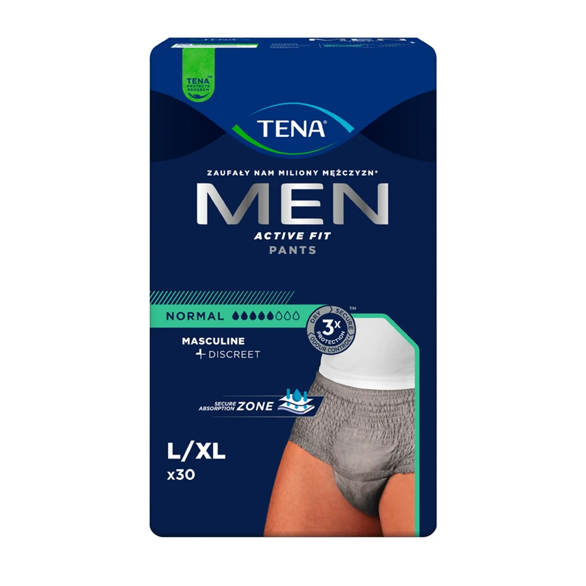 TENA Men Active Fit Pants majtki chłonne Normal Grey L/XL, 30 sztuk
