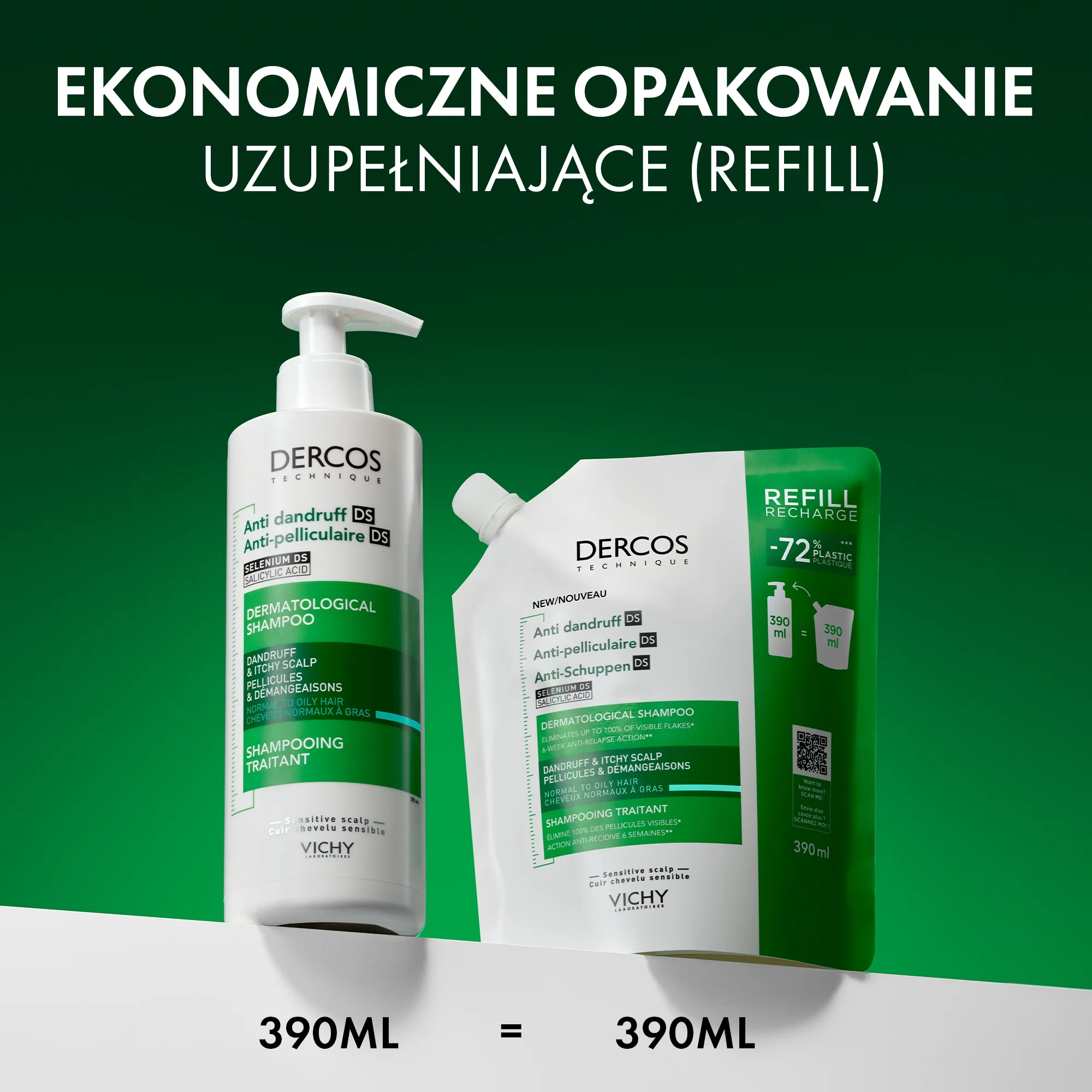 Vichy Dercos DS szampon przeciwłupieżowy do włosów normalnych i przetłuszczających się, REFILL, 390 ml