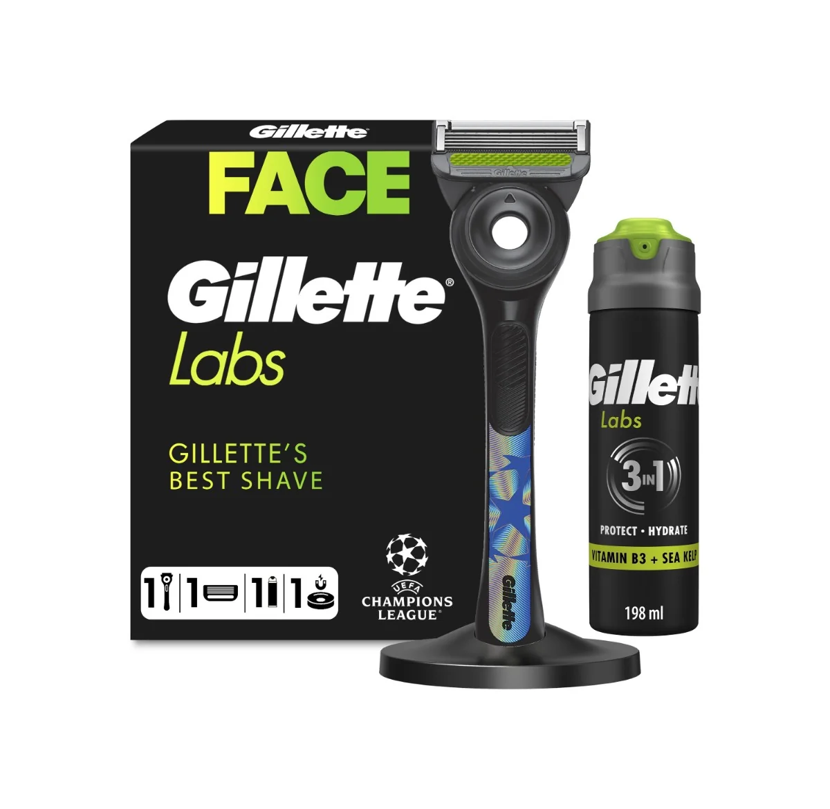 Gillette Labs Zestaw Prezentowy męska maszynka do golenia + wkład + stojak + żel do golenia, 198 ml