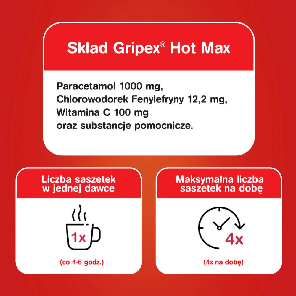Gripex Hot Max 1000 mg + 100 mg + 12,2 mg, proszek do sporządzania roztworu doustnego, 12 saszetek