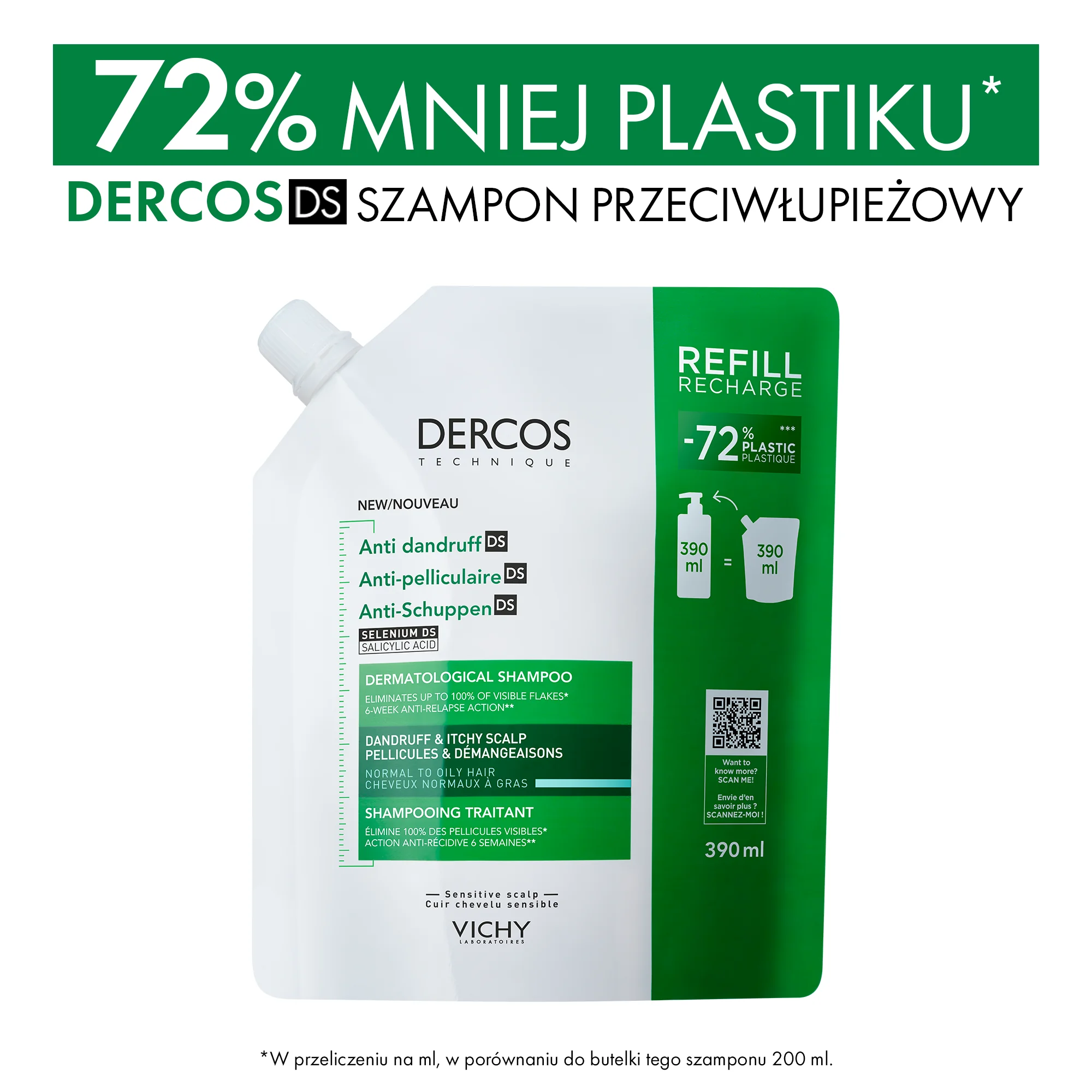 Vichy Dercos DS szampon przeciwłupieżowy do włosów normalnych i przetłuszczających się, REFILL, 390 ml