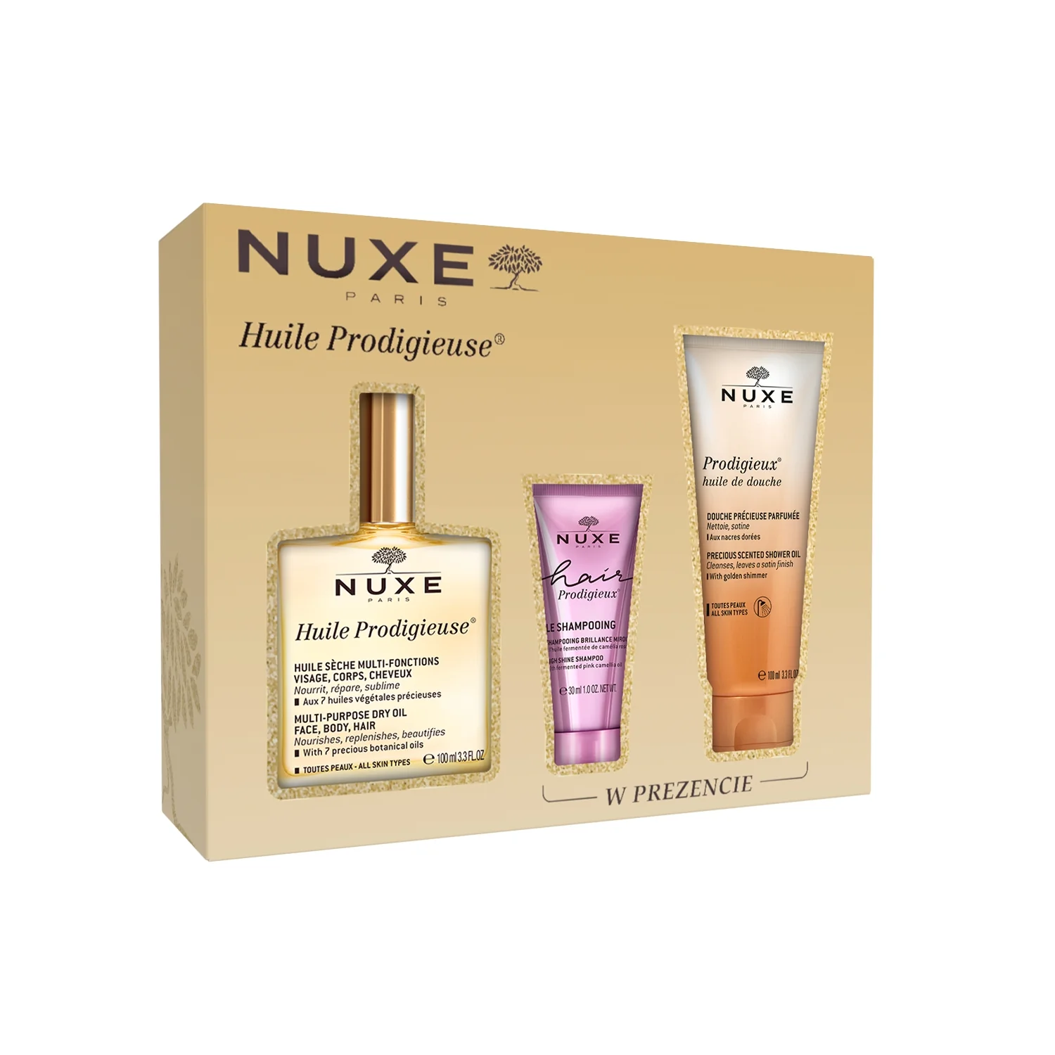 NUXE Huile Prodigieuse® zestaw, suchy olejek, 100 ml + szampon do włosów, 30 ml + olejek pod prysznic, 100 ml