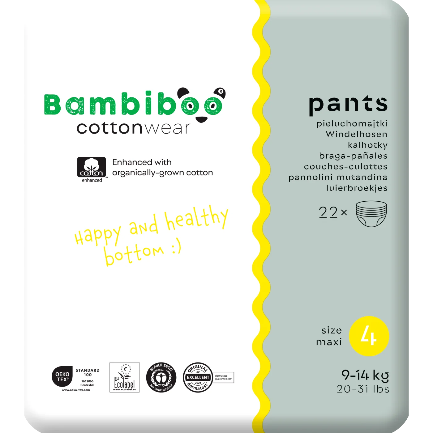 Bambiboo COTTONWEAR jednorazowe pieluchomajtki z bawełną organiczną rozmiar 4, 22 szt.