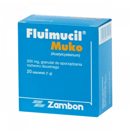 Fluimucil Muko, 200 mg, granulat do sporządzania roztworu doustnego, 20 saszetek