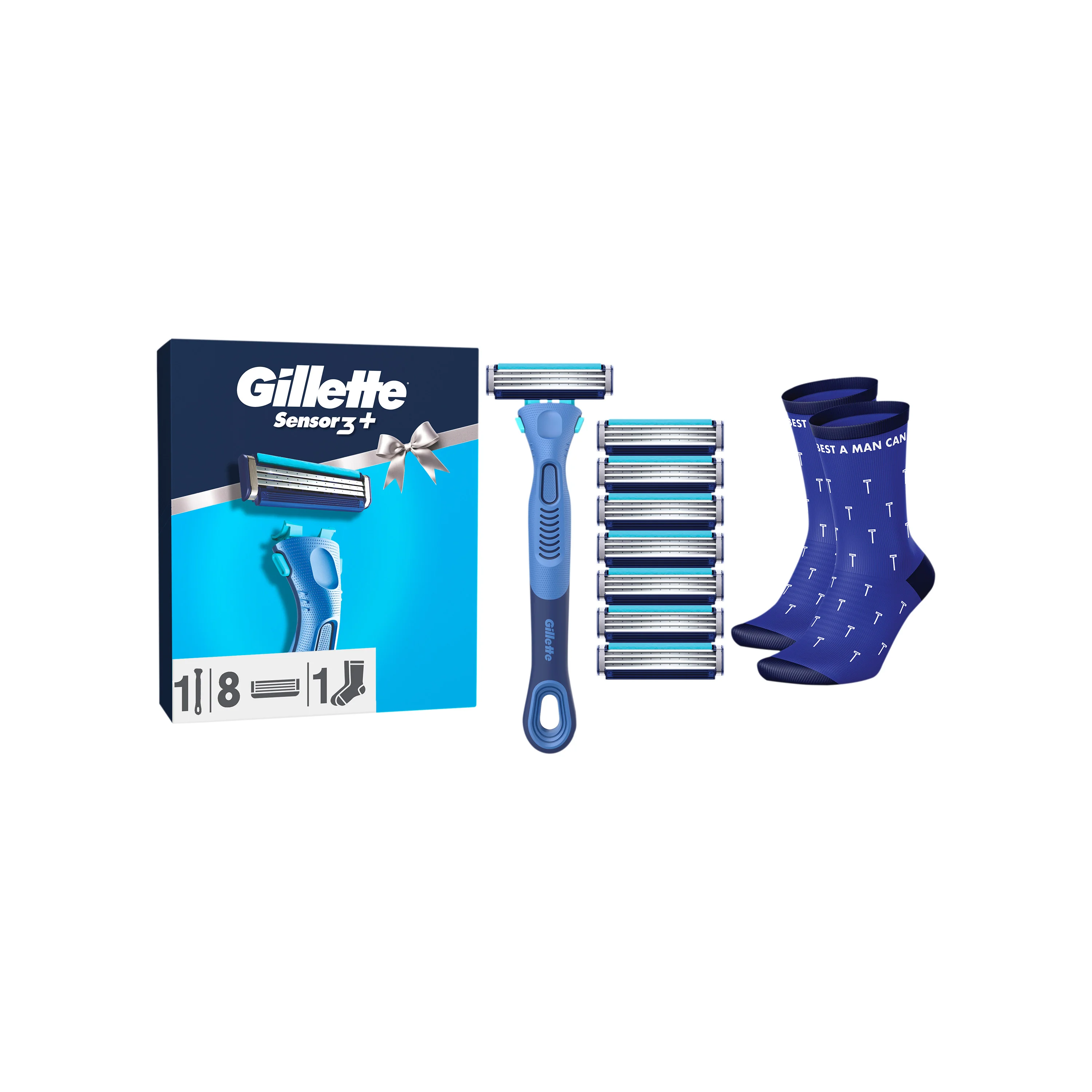 Gillette Sensor 3+ Zestaw Prezentowy męska maszynka do golenia + 8 wkładów wymiennych + skarpetki