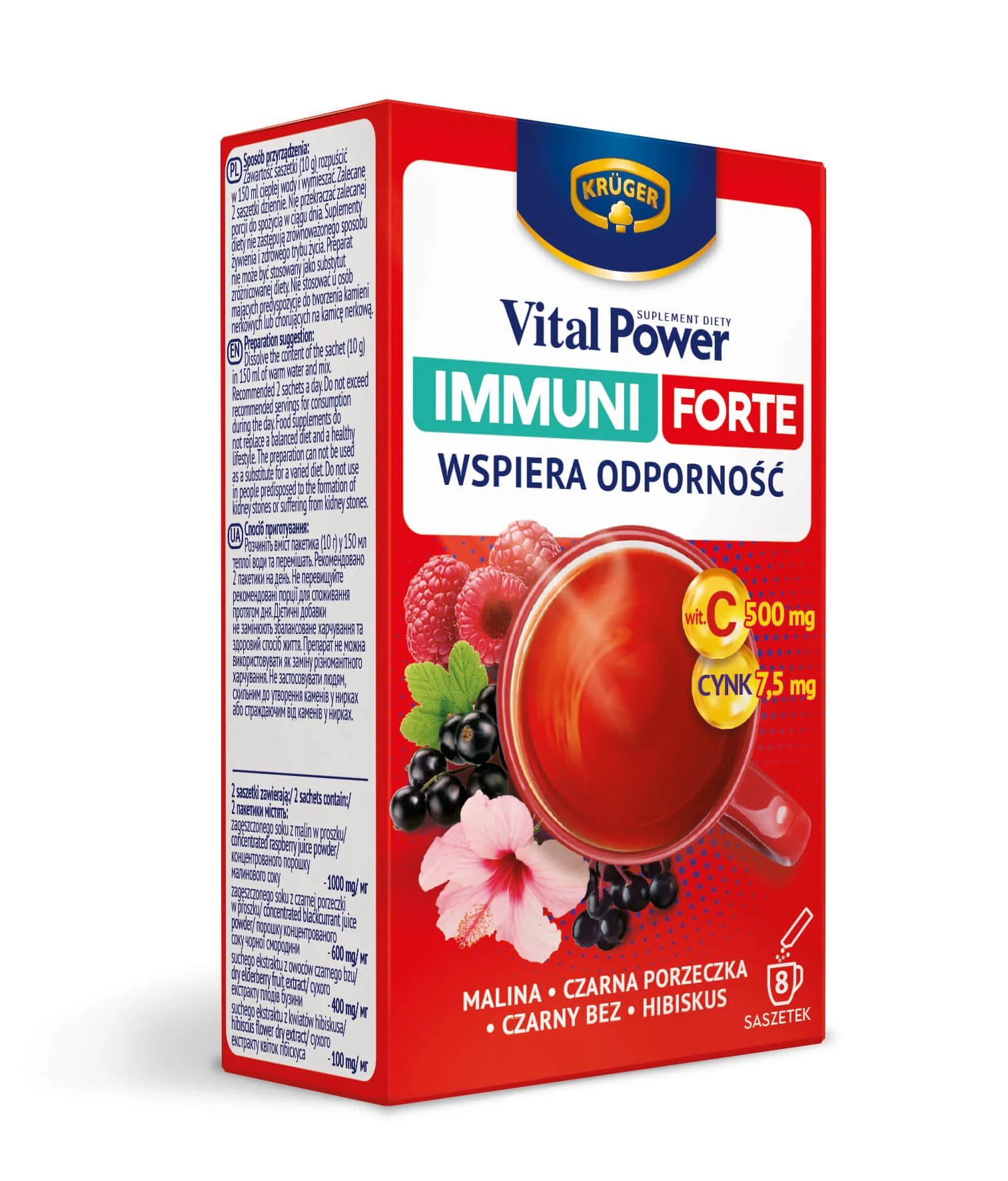 Krüger Vital Power Immuni Forte malina czarna porzeczka, czarny bez, 8 saszetek