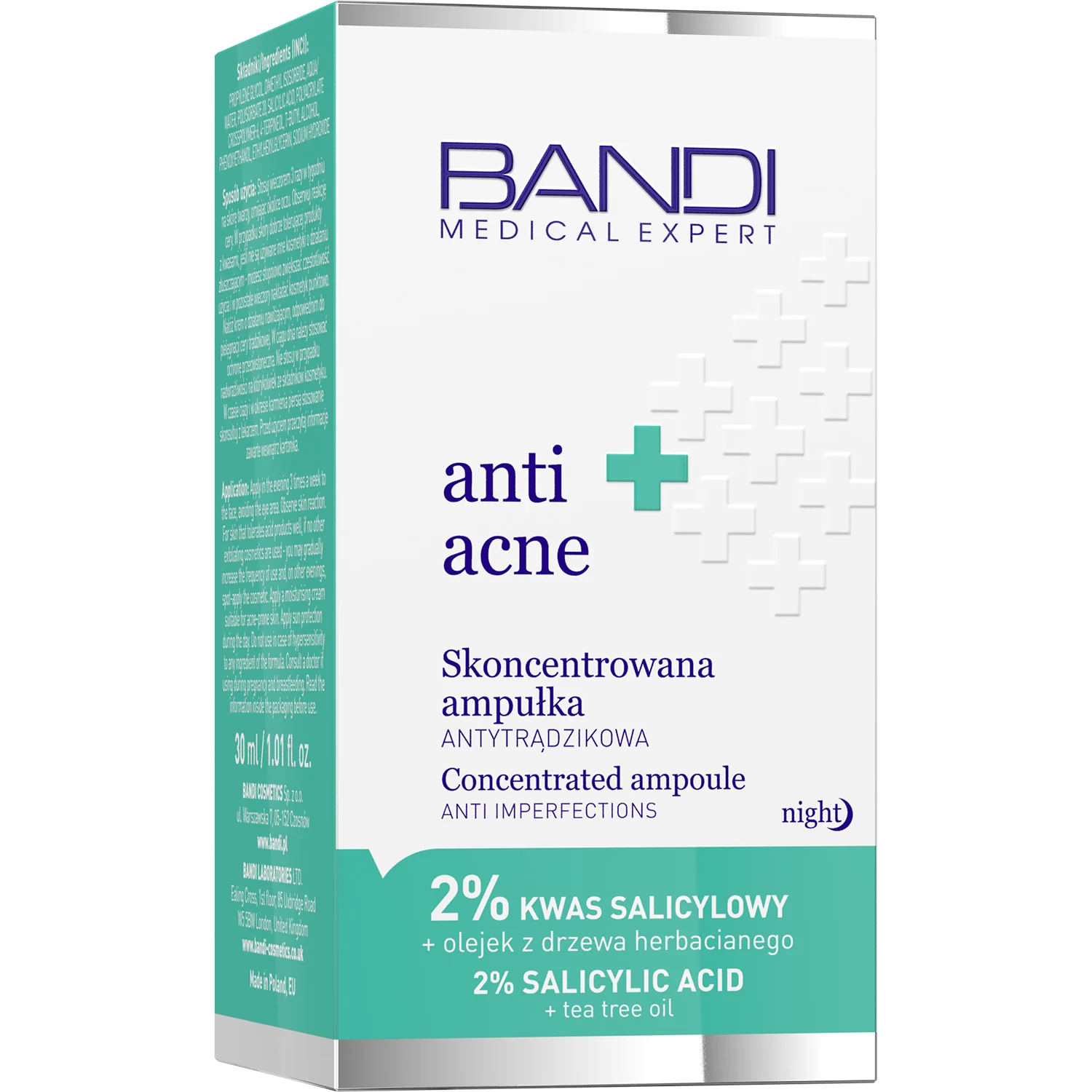 Bandi Medical Expert Anti-Acne Skoncentrowana Ampułka Antytrądzikowa 2% Kwas Salicylowy + Olejek Z Drzewa Herbacianego, 30 ml