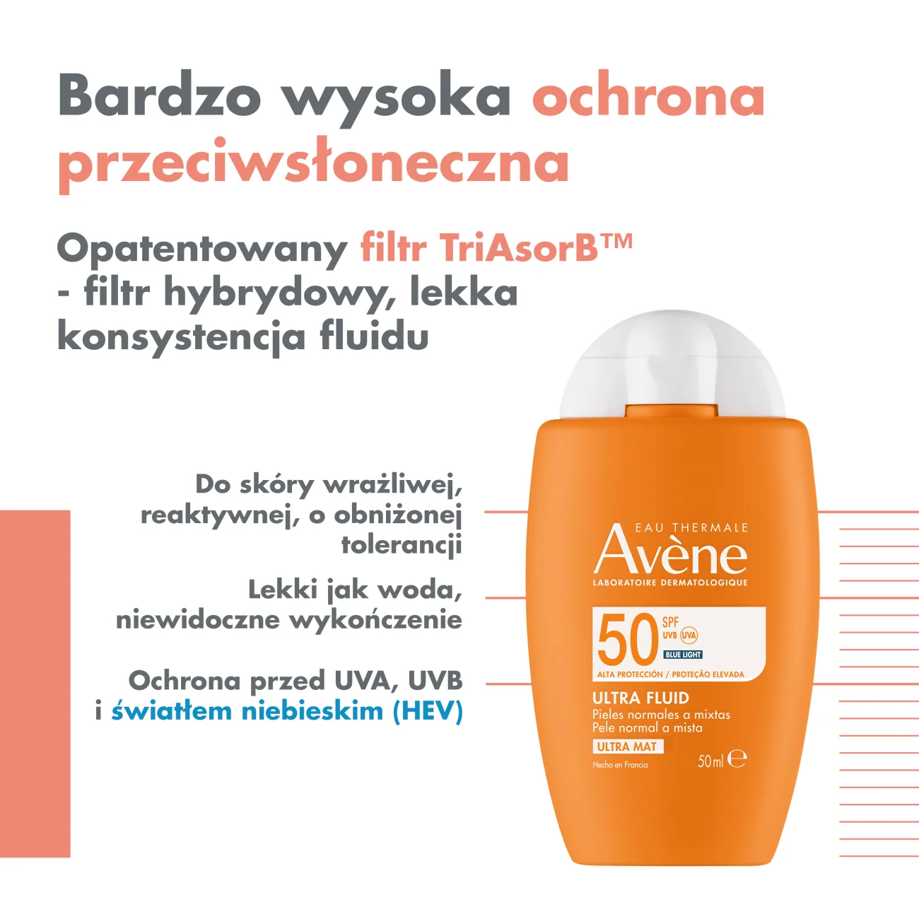 Avène Wysoka ochrona przeciwsłoneczna Ultra Fluid niewidoczny na skórze SPF 50, 50 ml