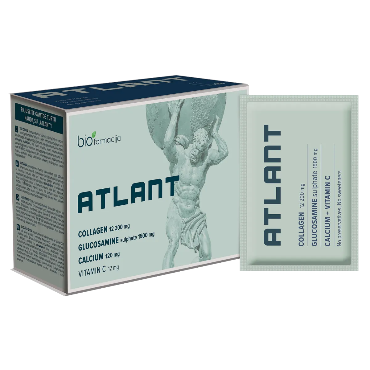 Biofarmacja ATLANT kompleks kolagenowo-glukozaminowy z dodatkiem wapnia i witaminy C, 28 saszetek