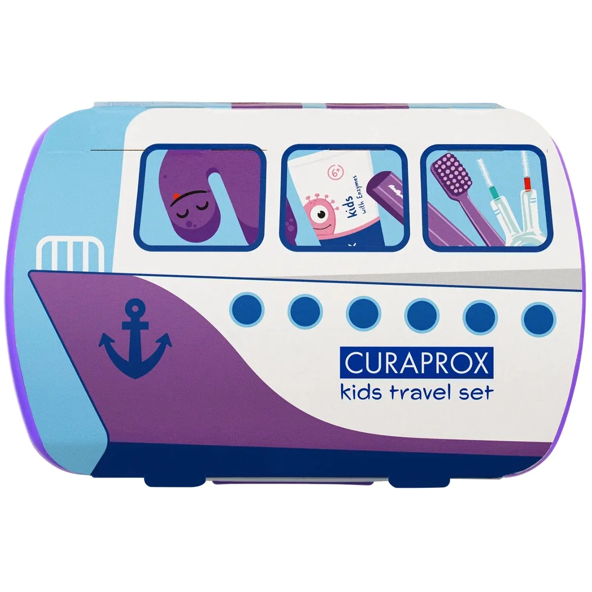 Curaprox Travel Set Kids zestaw podróżny do czyszczenia zębów dla dzieci 6-12 lat fioletowy