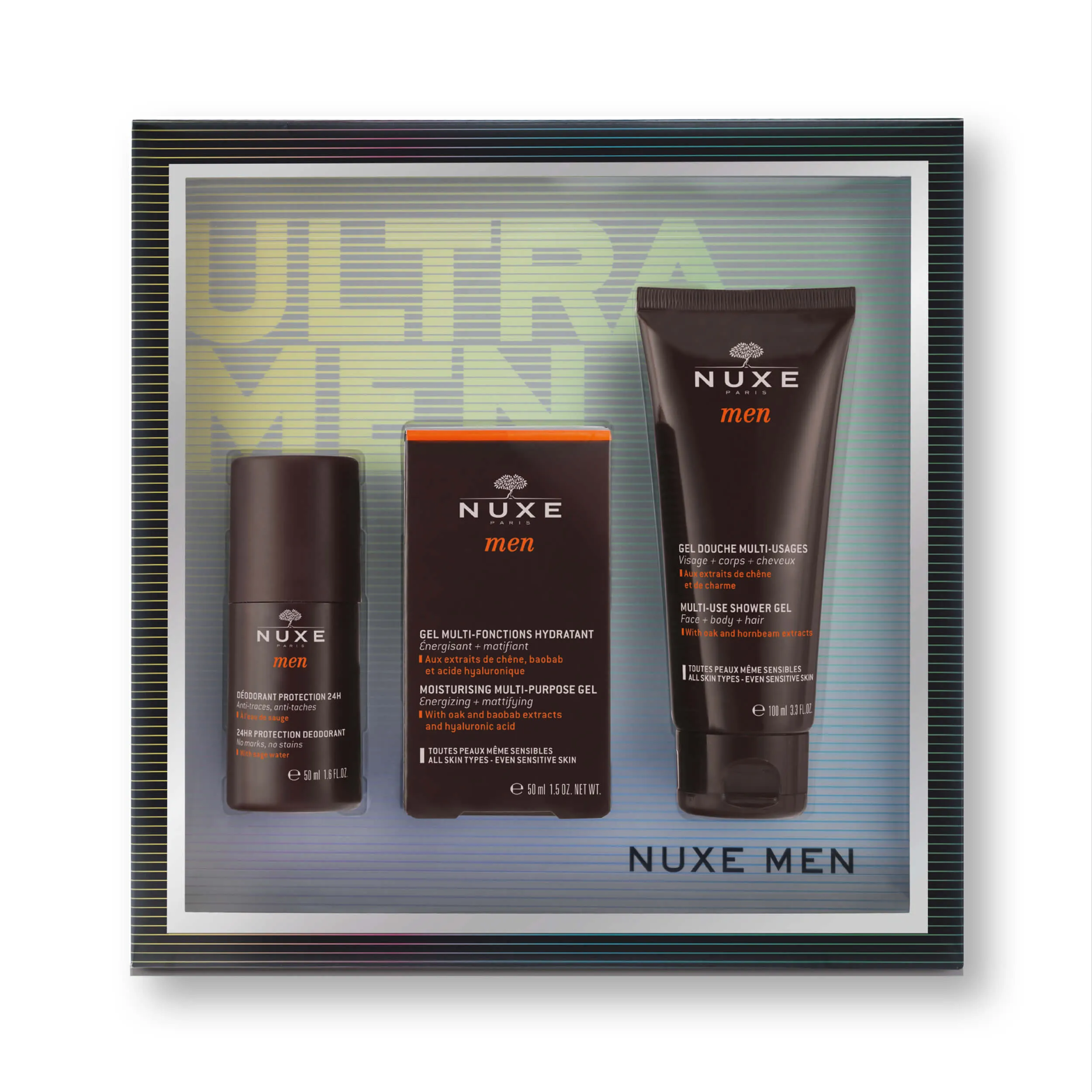 Nuxe zestaw Men, nawilżający żel do twarzy, 50 ml + żel pod prysznic, 100 ml + dezodorant, 50 ml