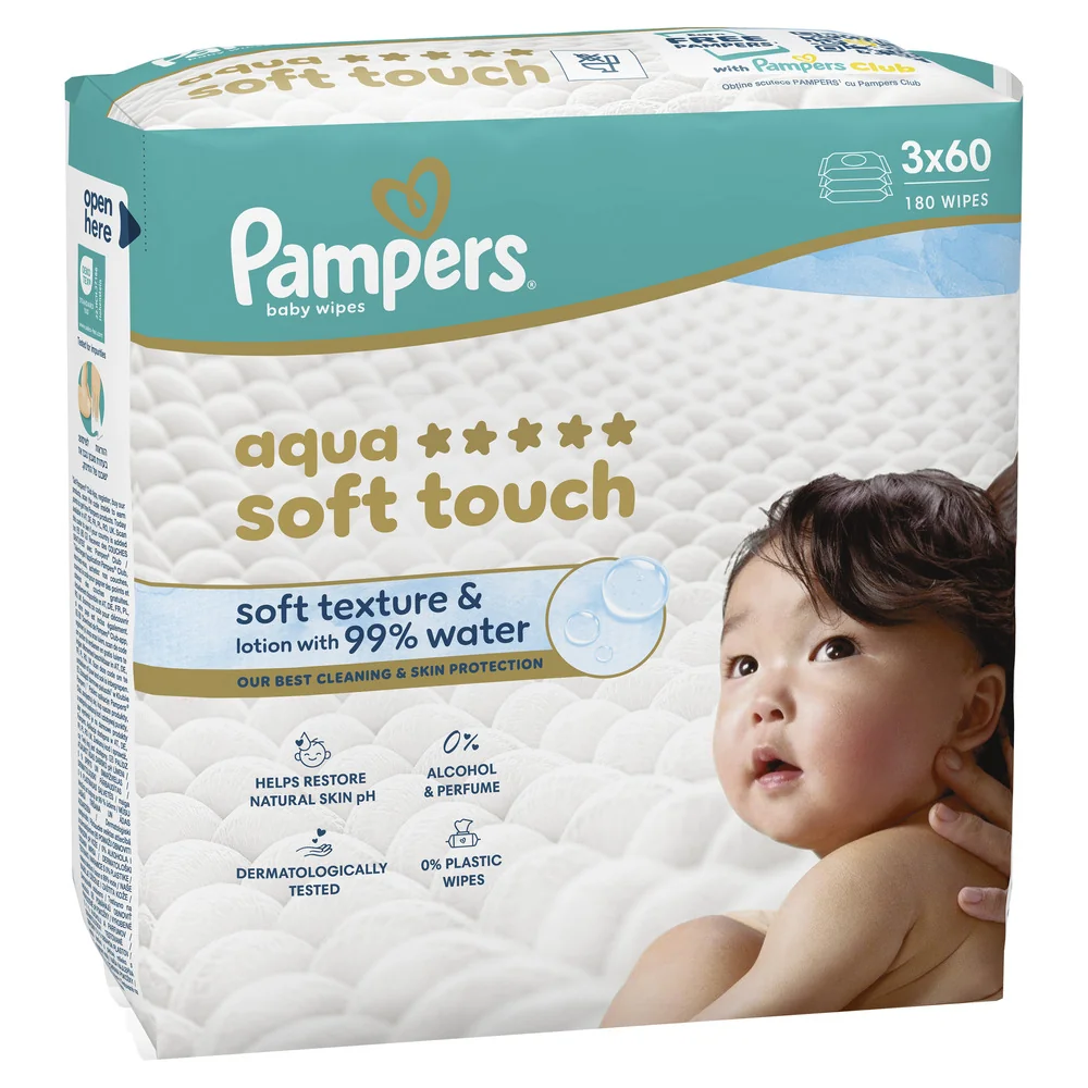 Pampers Aqua Soft Touch chusteczki nawilżane dla dzieci, 3 x 60 sztuk