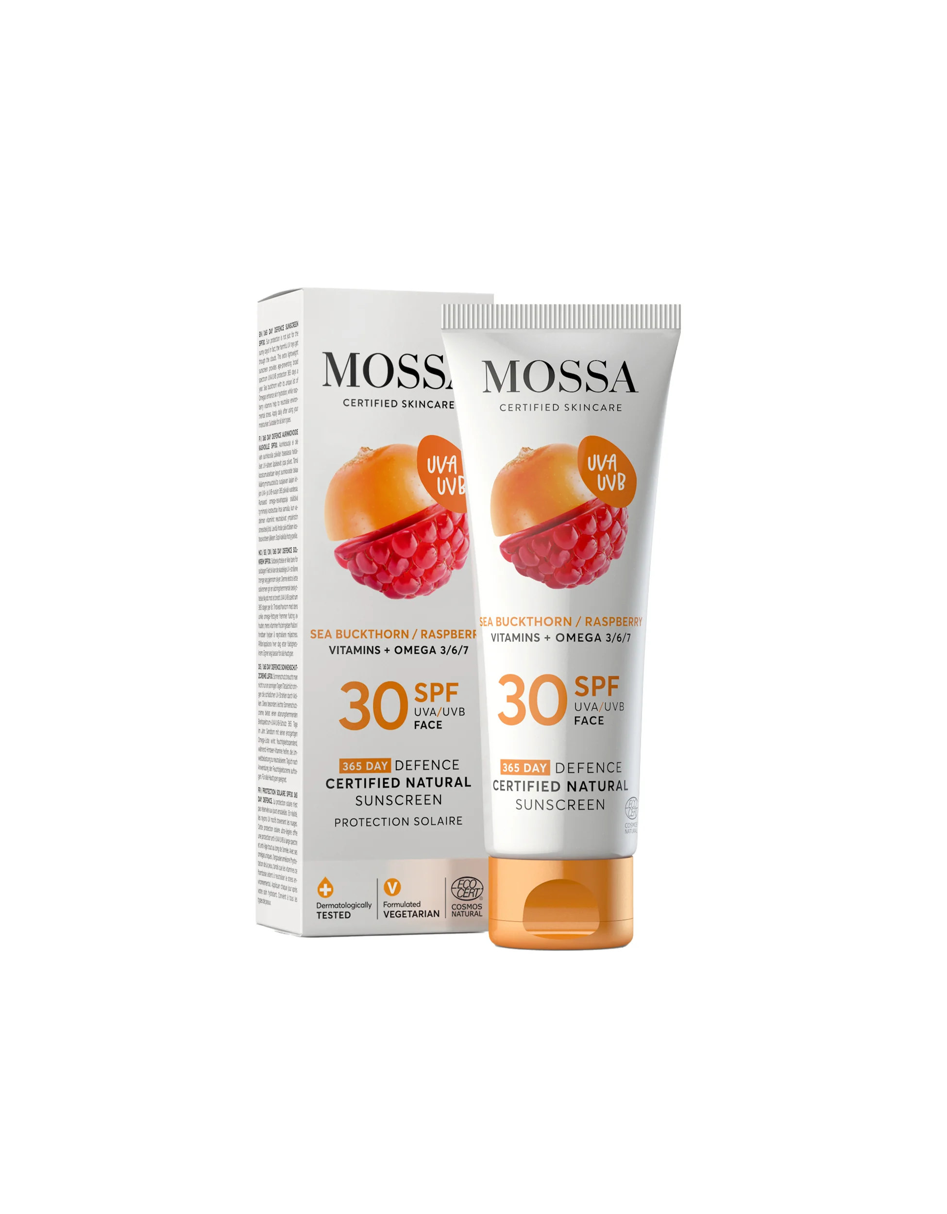 Mossa 365 Day Defence Sunscreen SPF 30 całoroczny koloryzujący filtr przeciwsłoneczny do twarzy SPF 30 z rokitnikiem i maliną, 50 ml