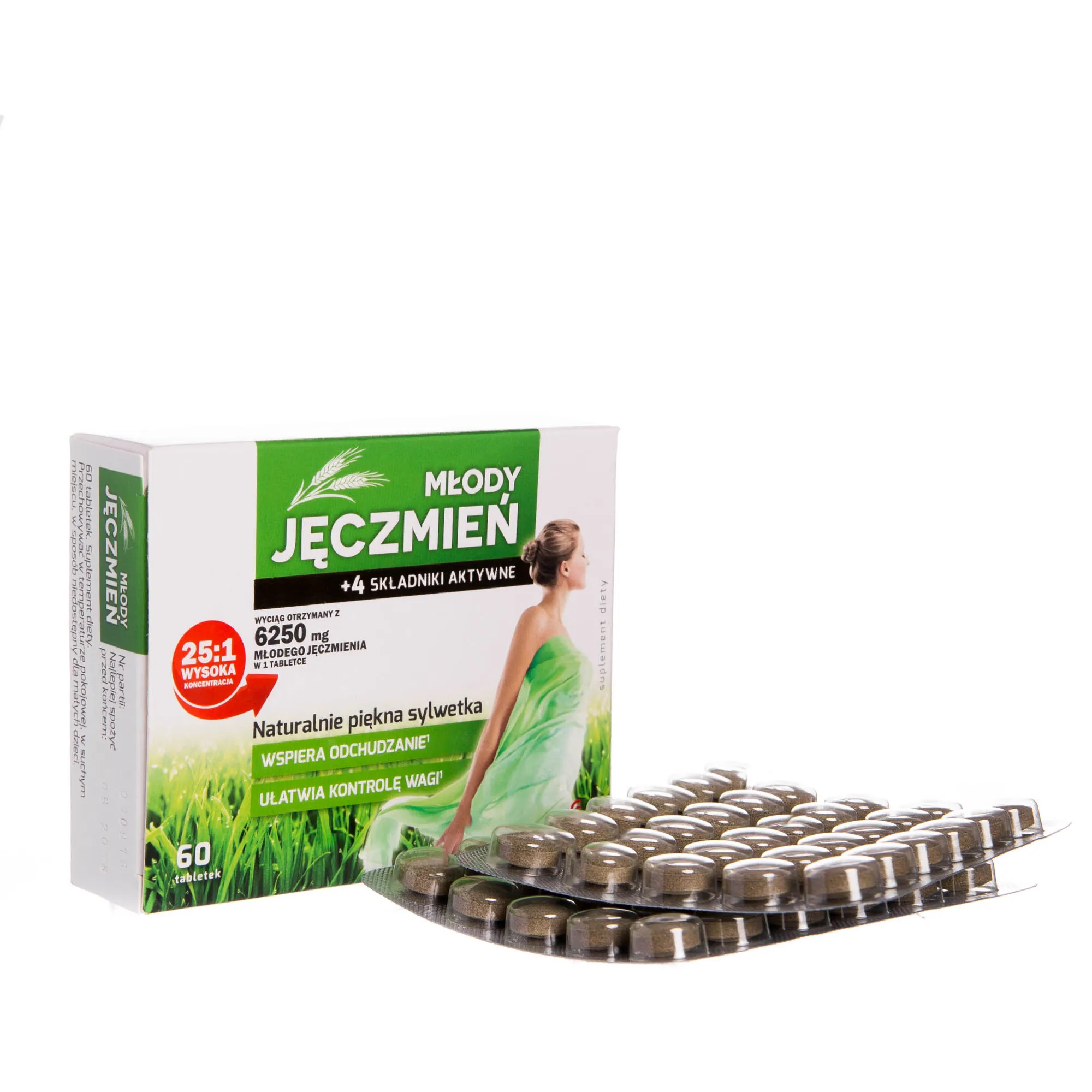 Młody Jęczmień, +4 składniki aktywne, 6250 mg Młodego Jęczmienia, 60 tabletek 